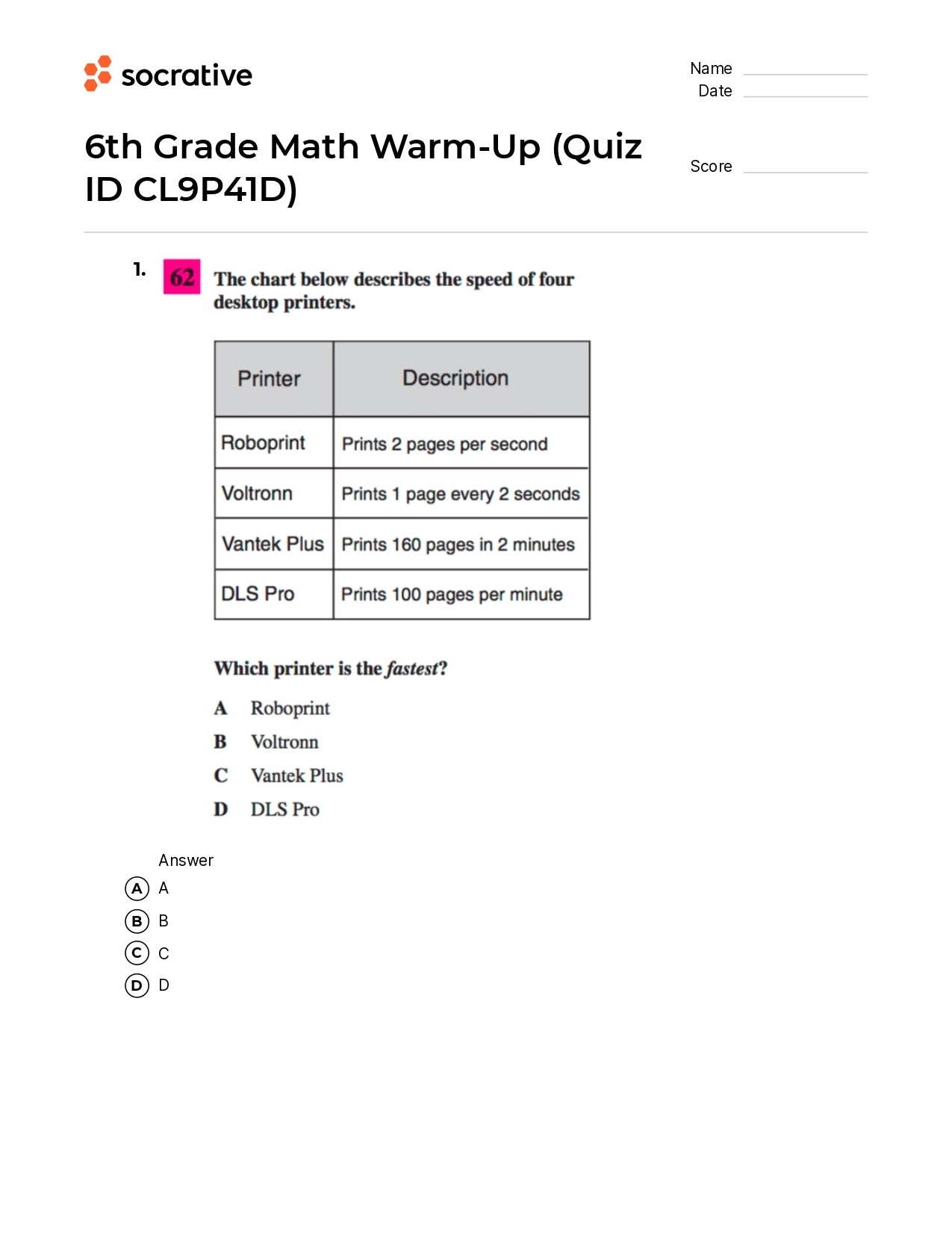 6Th Grade Math Warm-Up