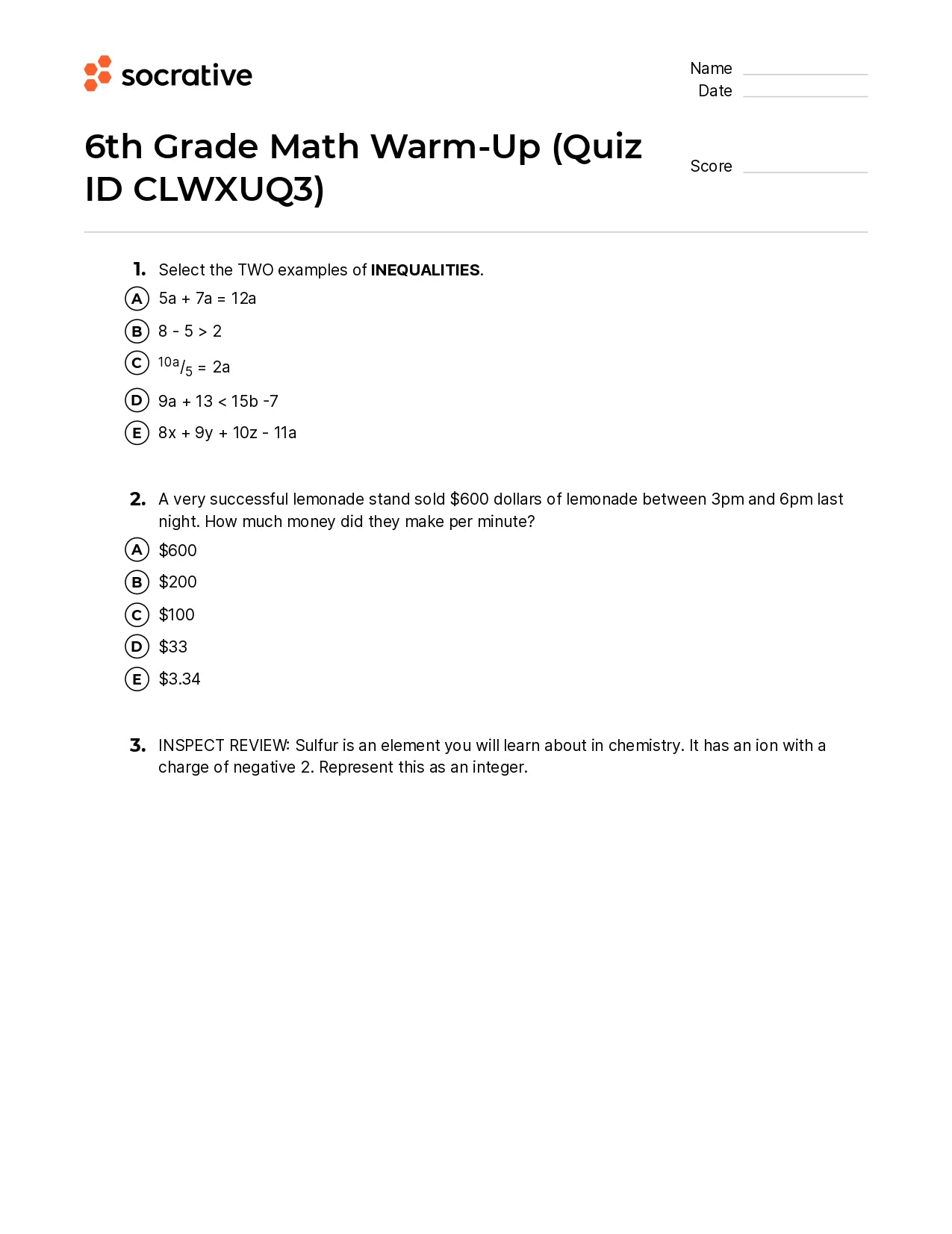 6Th Grade Math Warm-Up