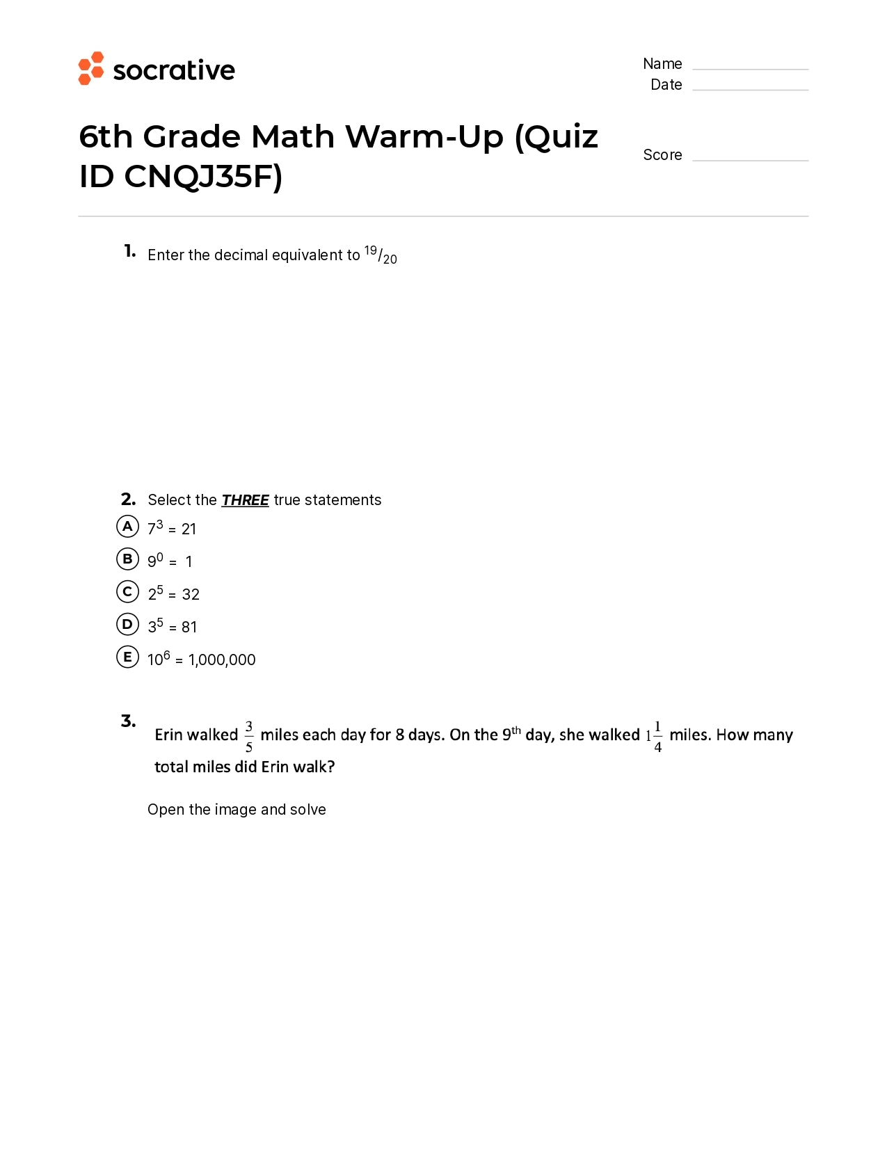 6Th Grade Math Warm-Up