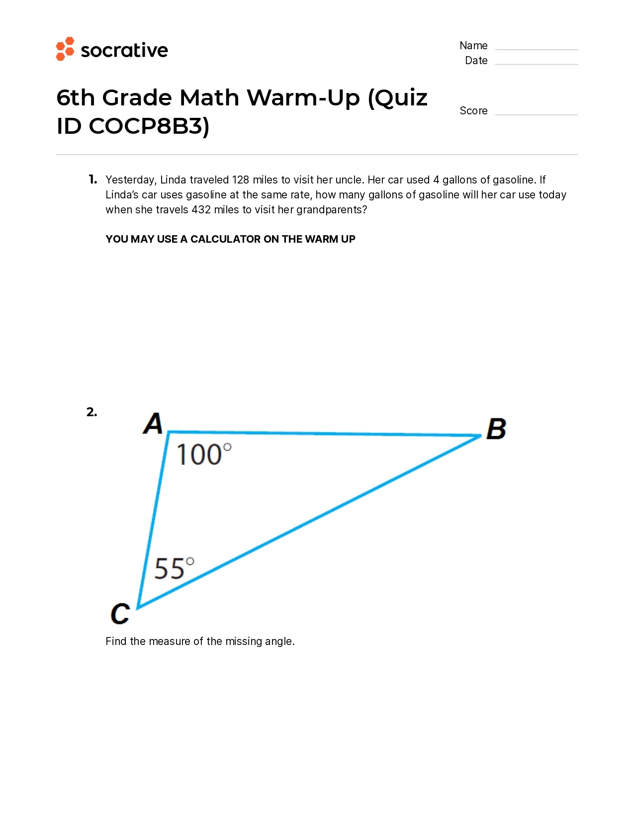 6Th Grade Math Warm-Up