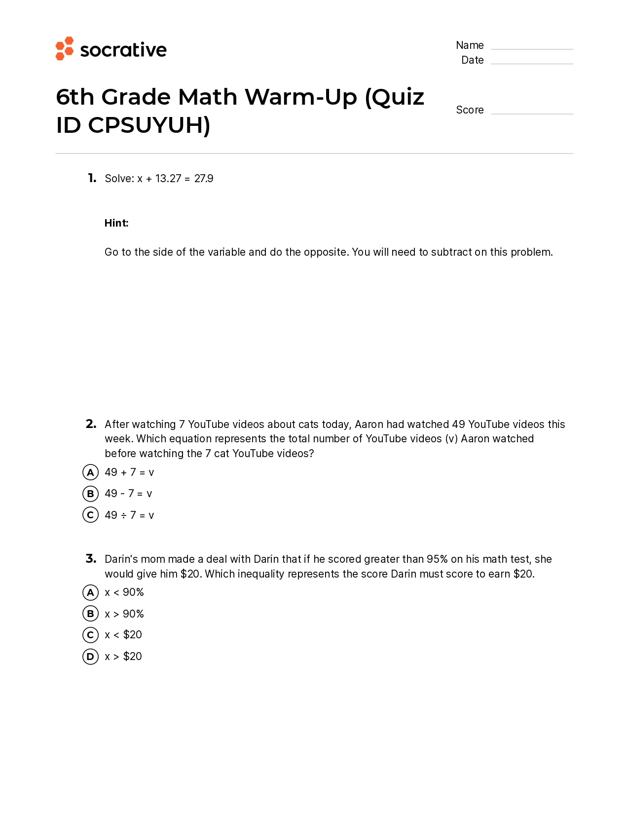6Th Grade Math Warm-Up