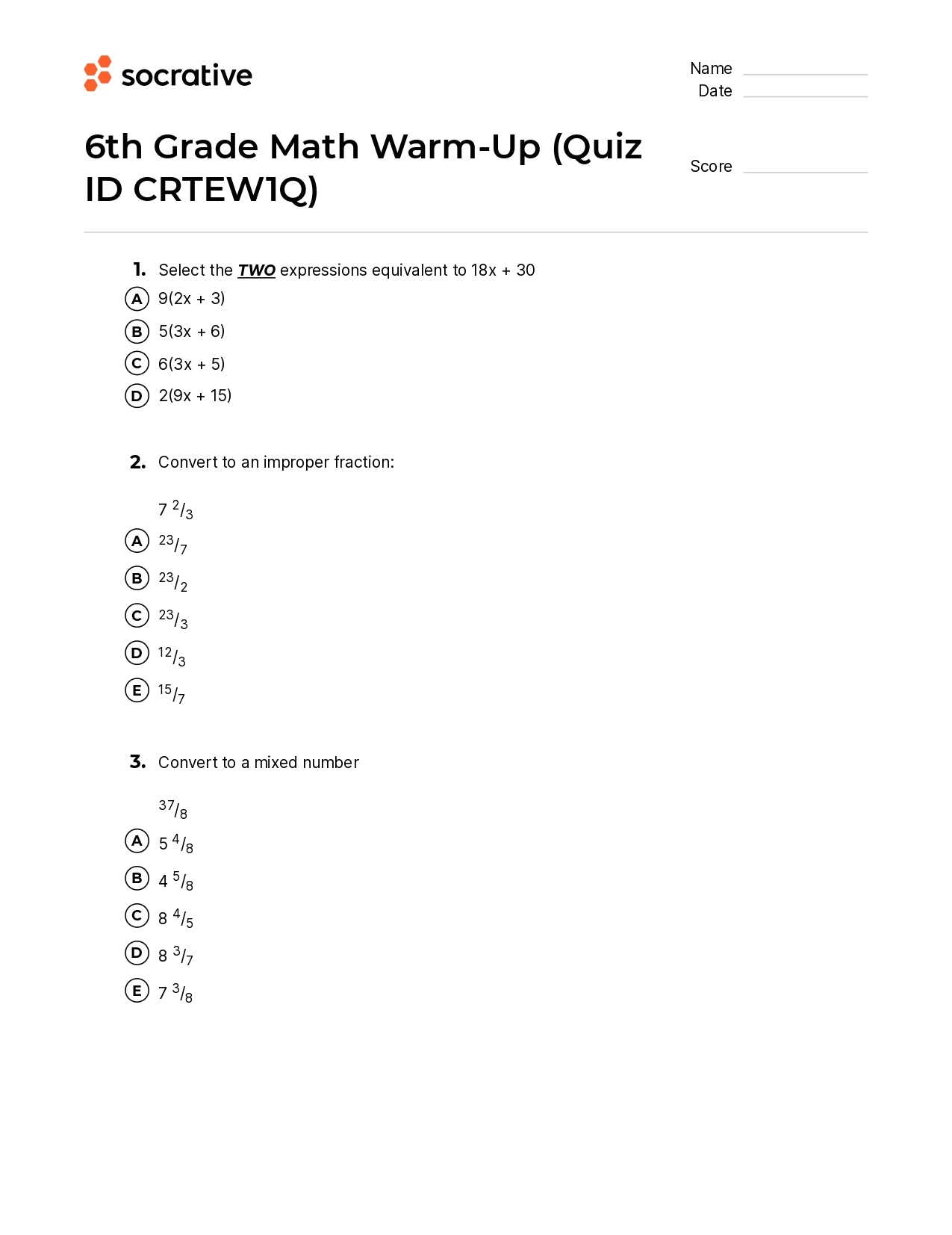 6Th Grade Math Warm-Up