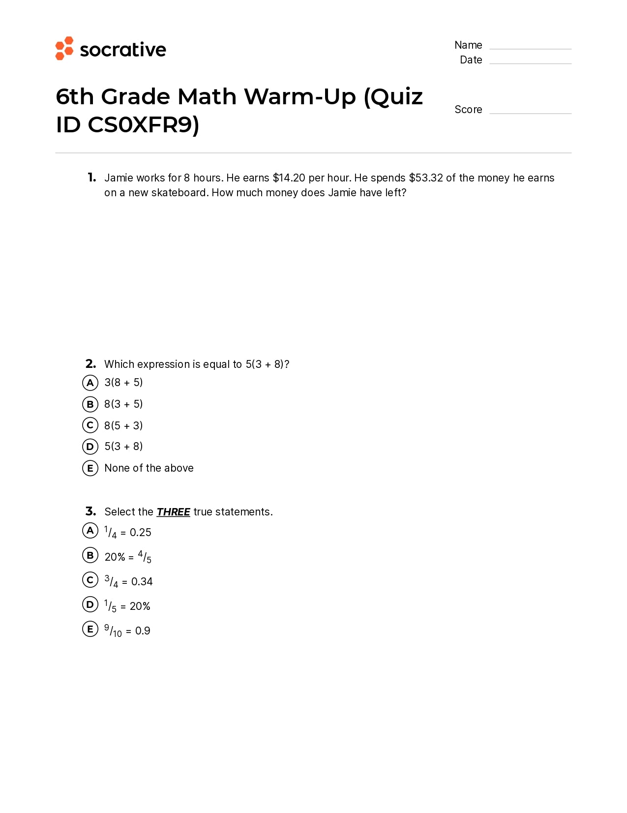 6Th Grade Math Warm-Up