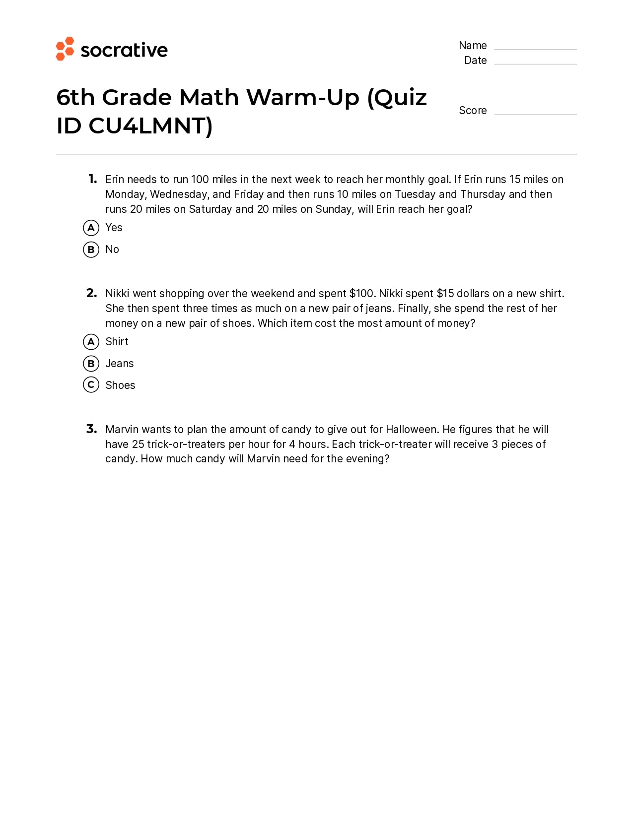 6Th Grade Math Warm-Up