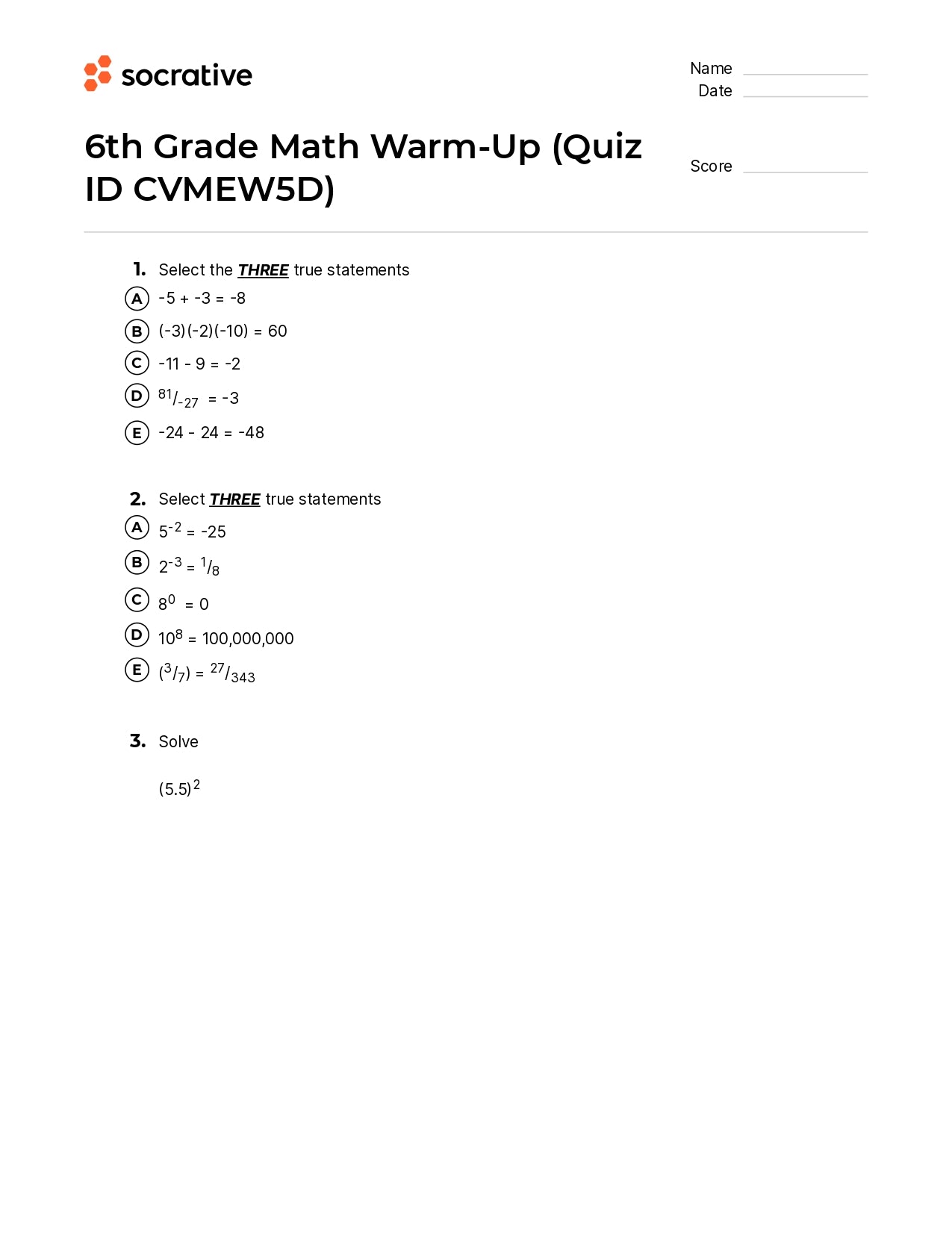 6Th Grade Math Warm-Up