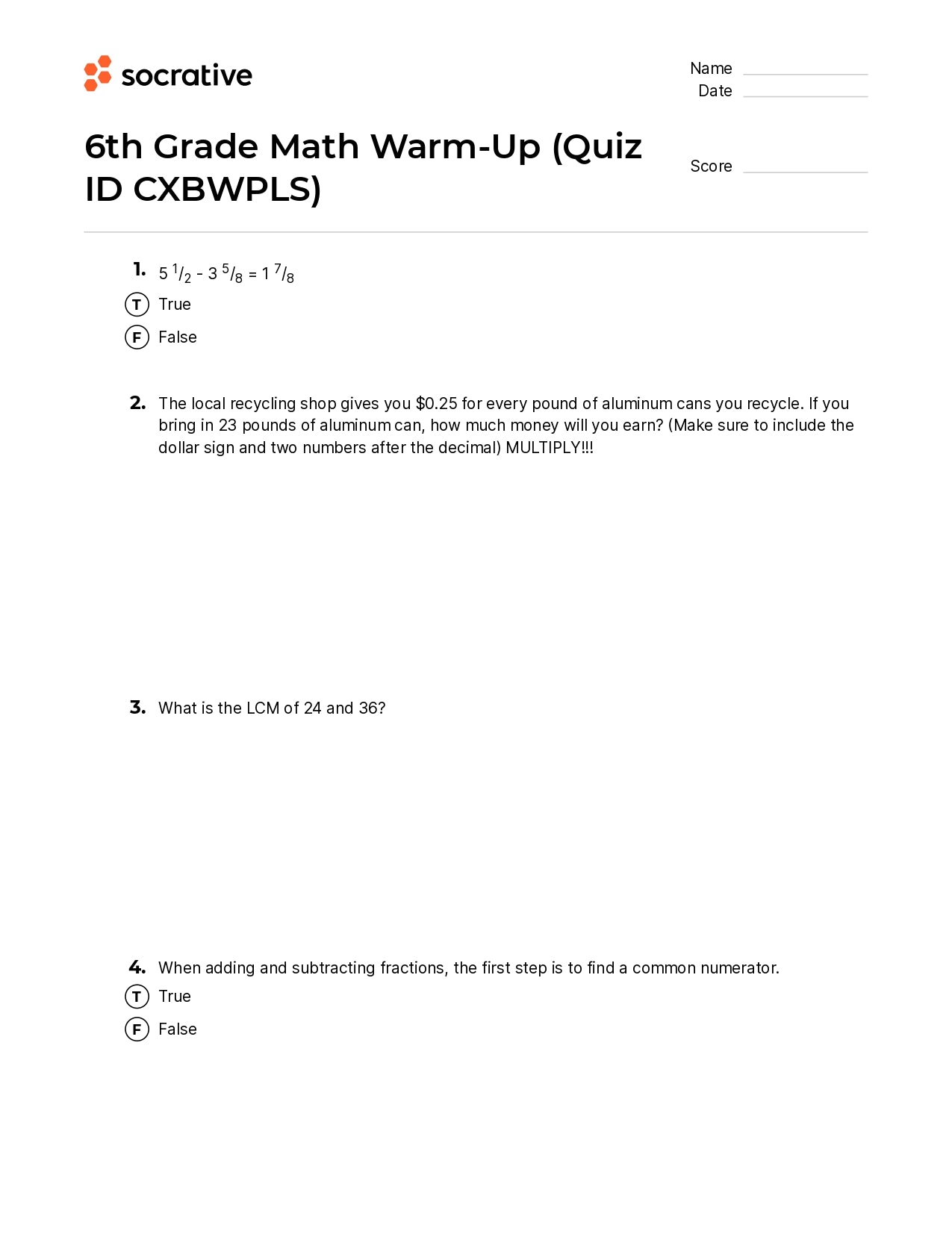 6Th Grade Math Warm-Up