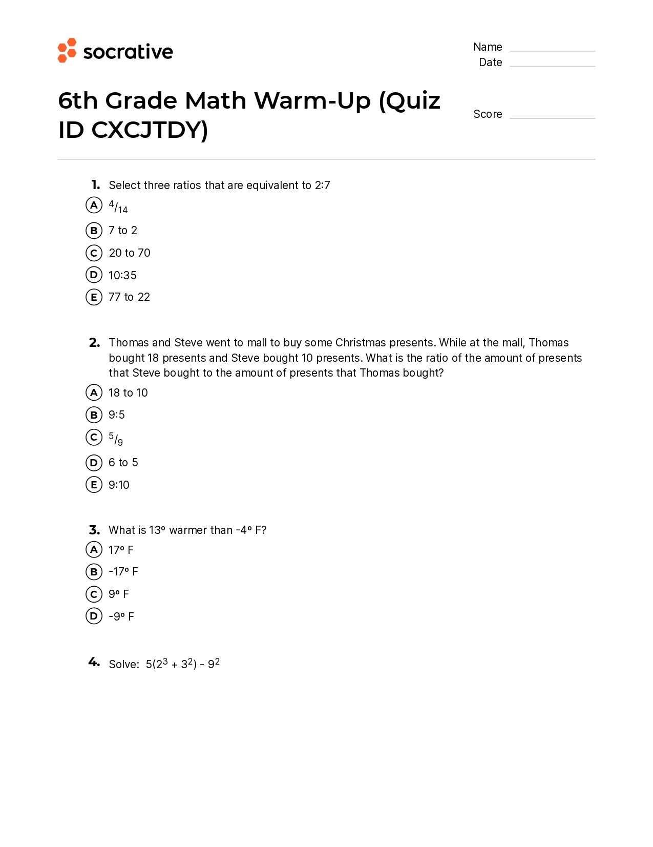 6Th Grade Math Warm-Up