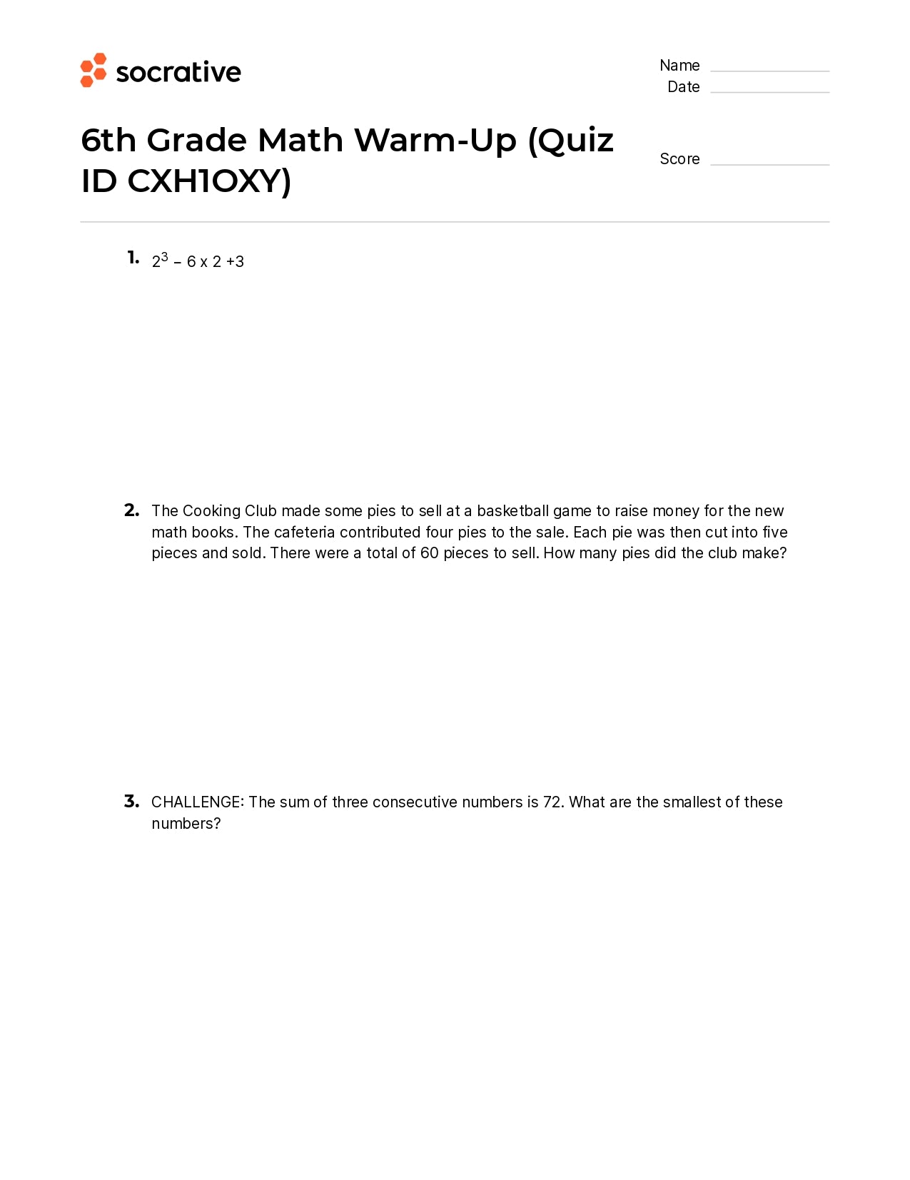 6Th Grade Math Warm-Up