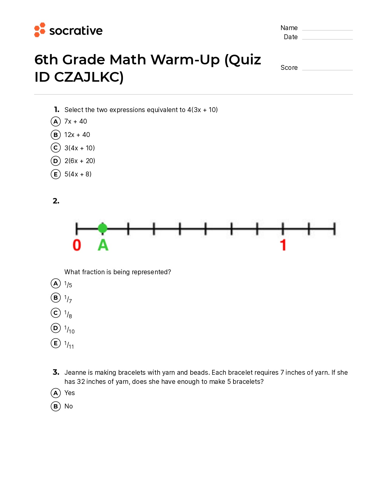 6Th Grade Math Warm-Up