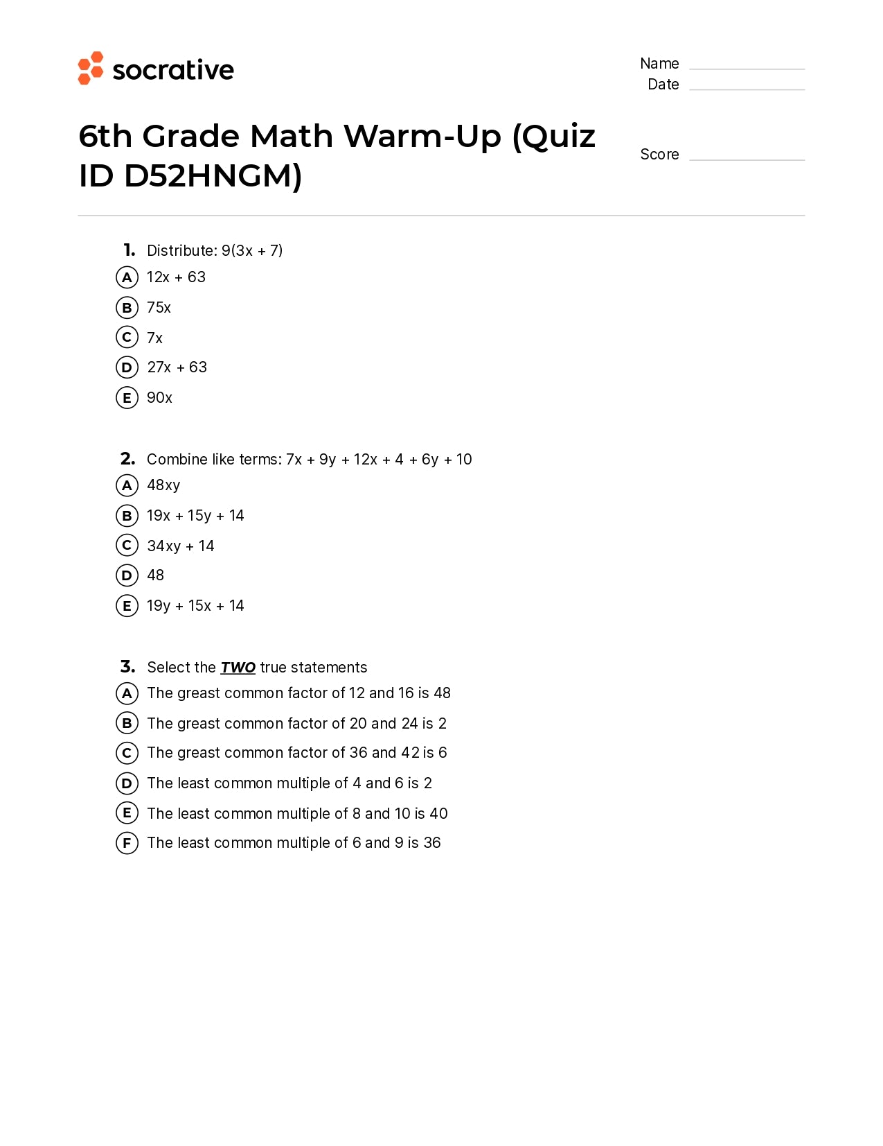 6Th Grade Math Warm-Up