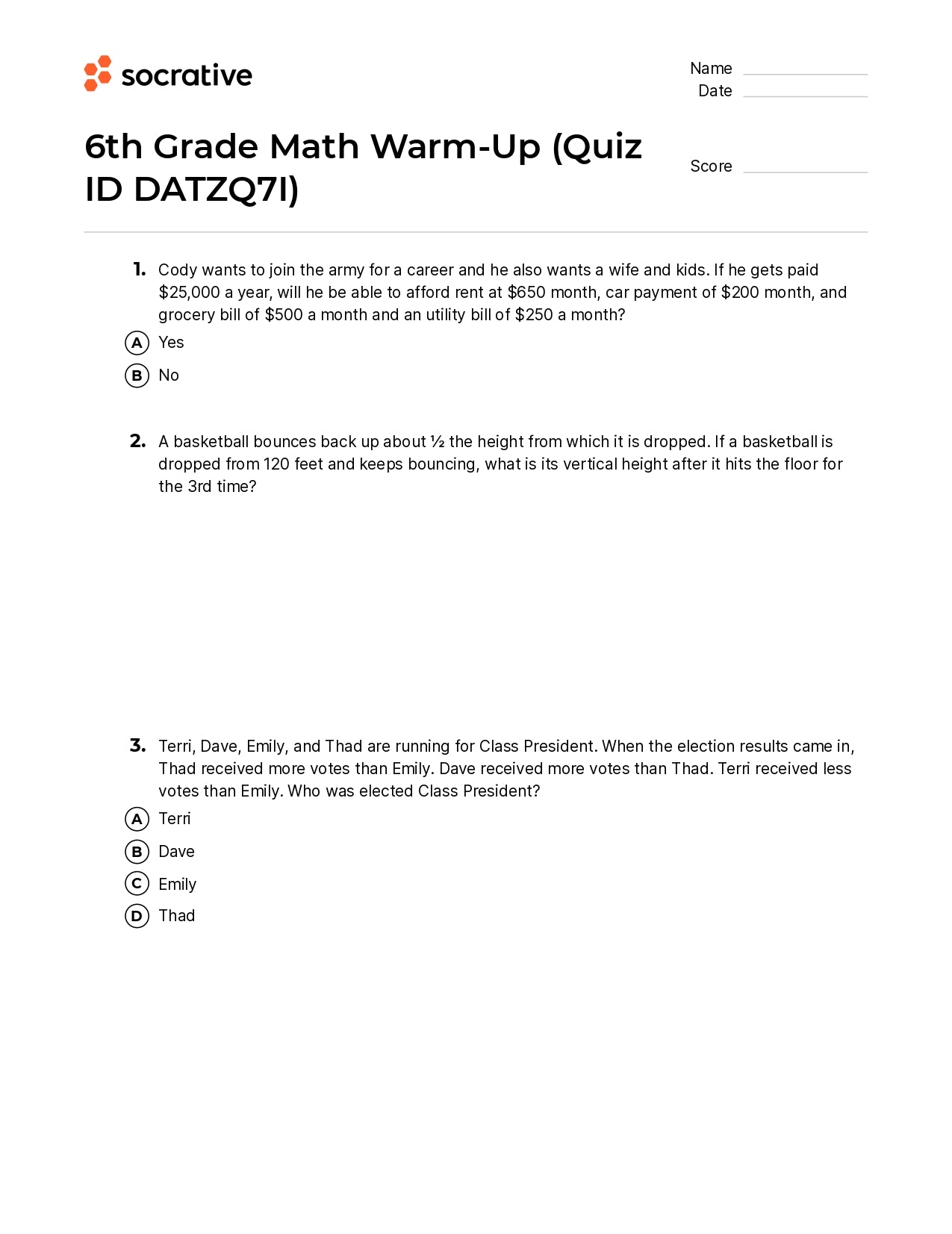 6Th Grade Math Warm-Up