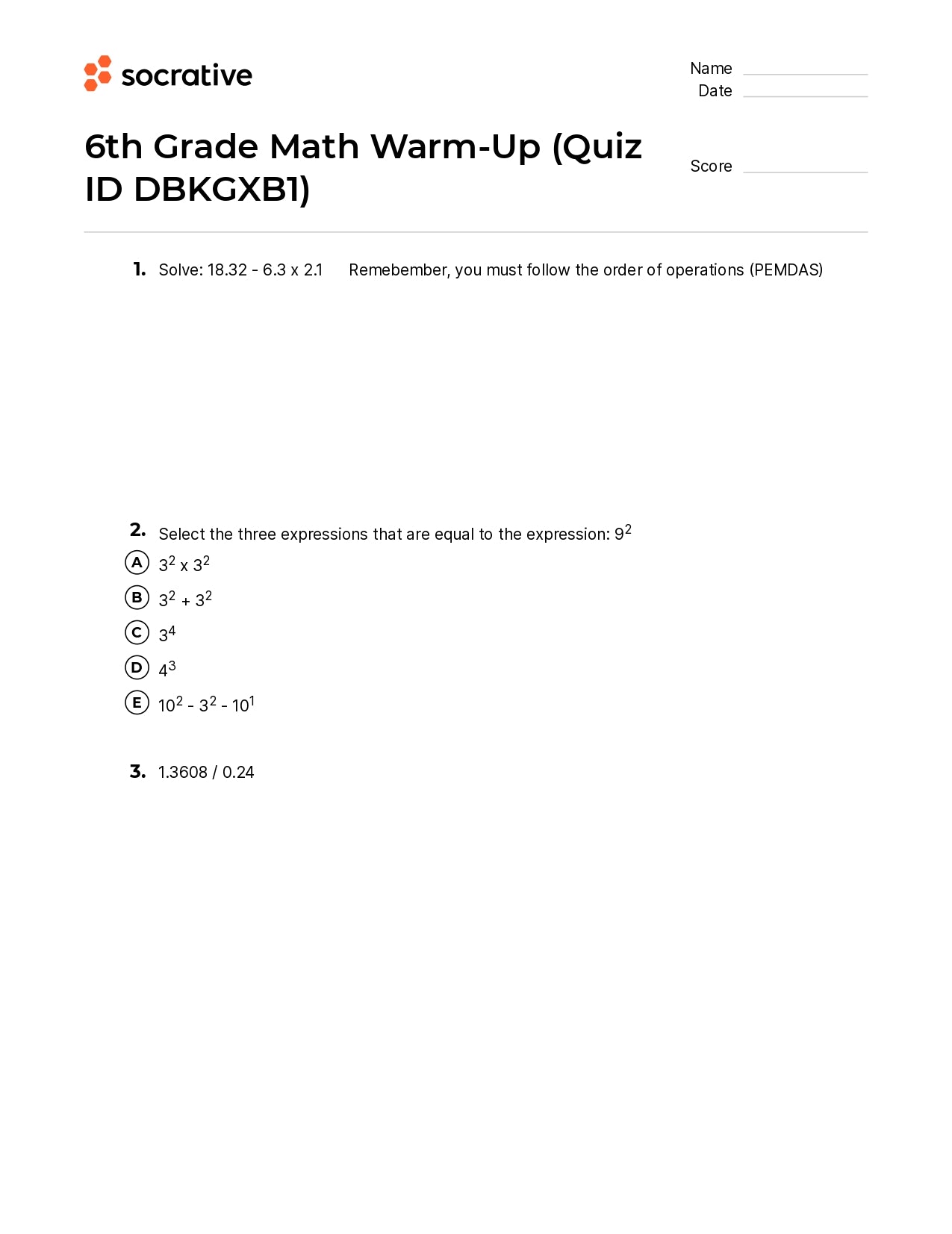 6Th Grade Math Warm-Up