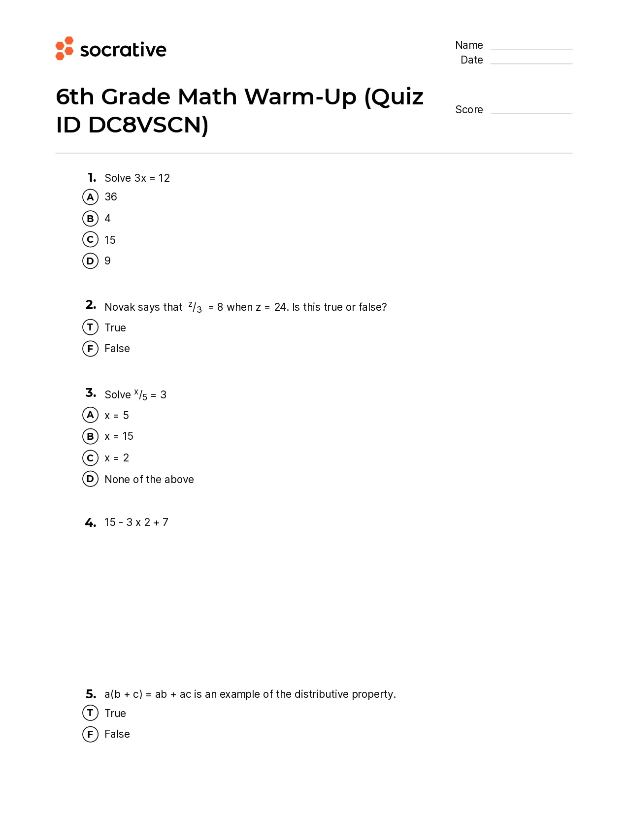 6Th Grade Math Warm-Up