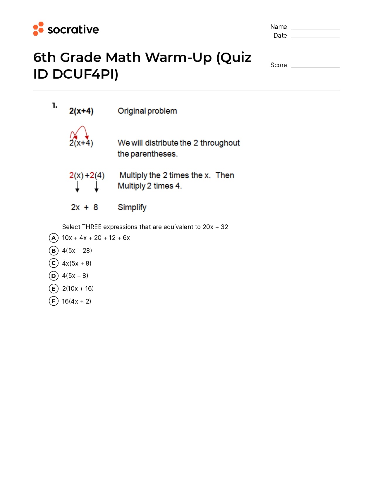 6Th Grade Math Warm-Up