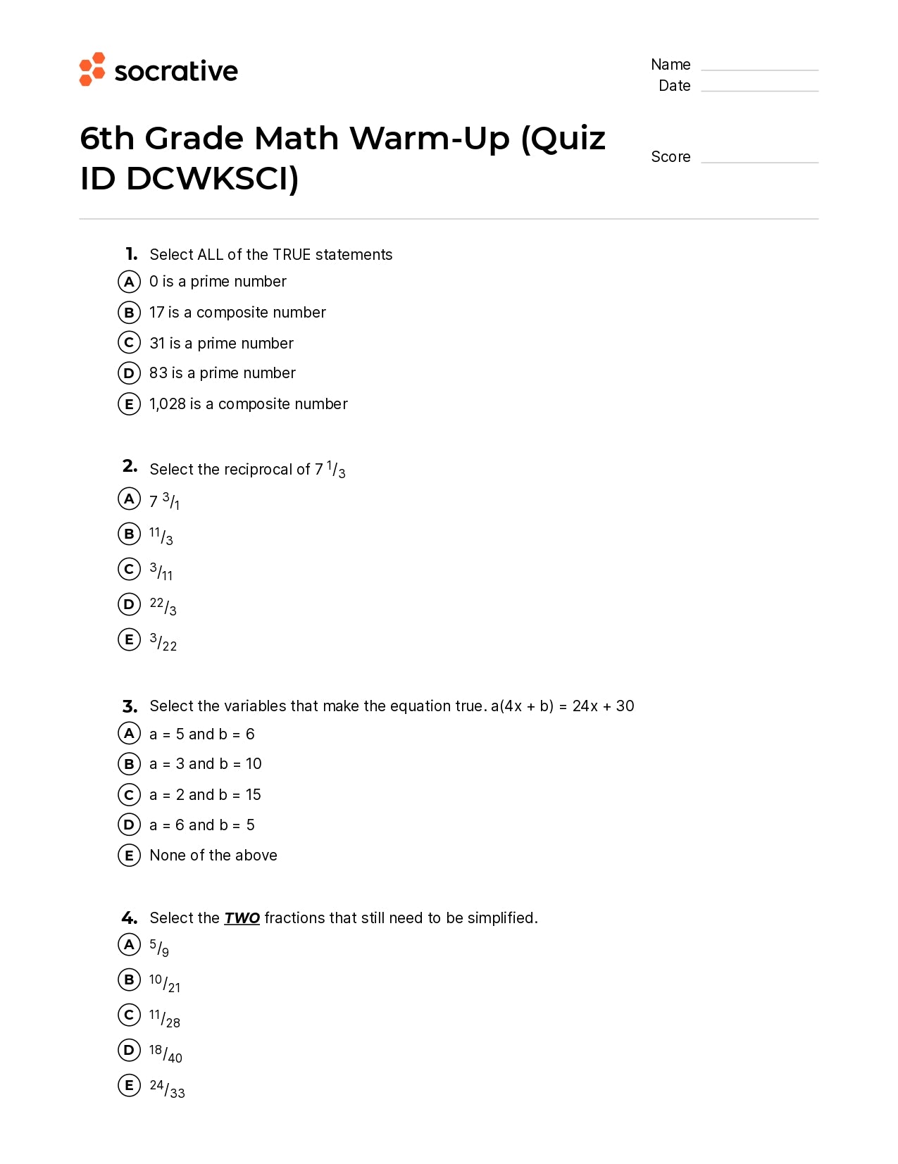 6Th Grade Math Warm-Up