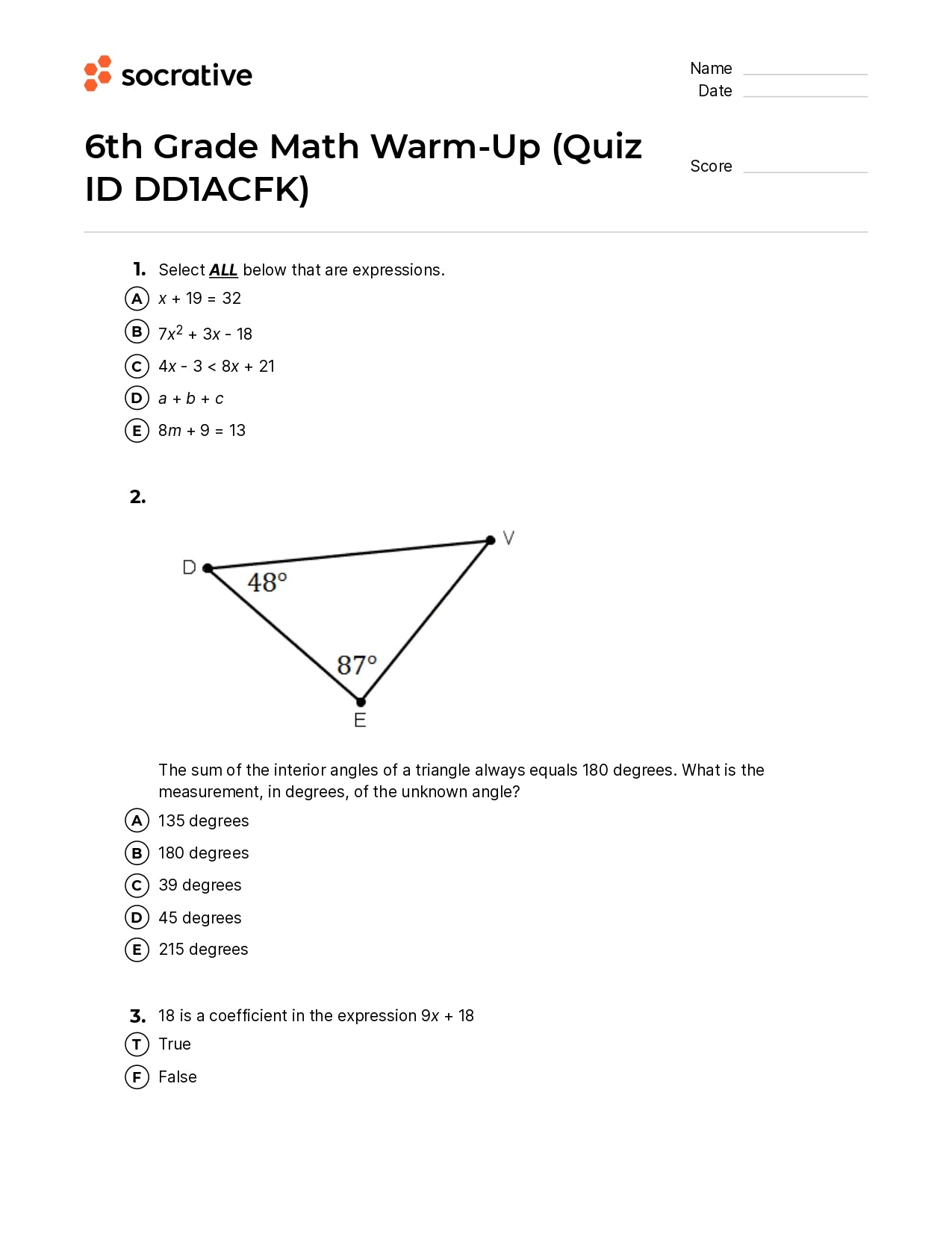6Th Grade Math Warm-Up
