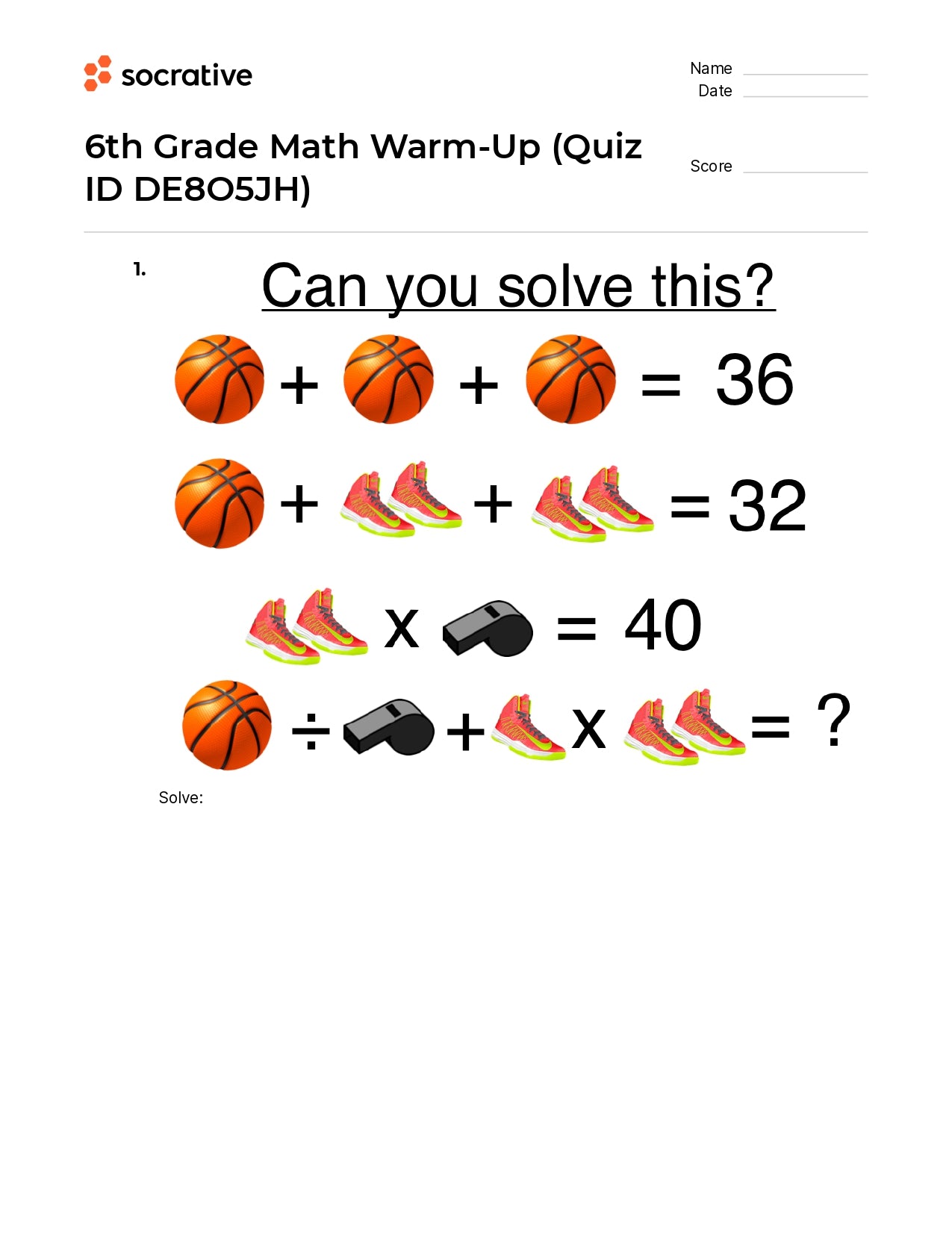 6Th Grade Math Warm-Up