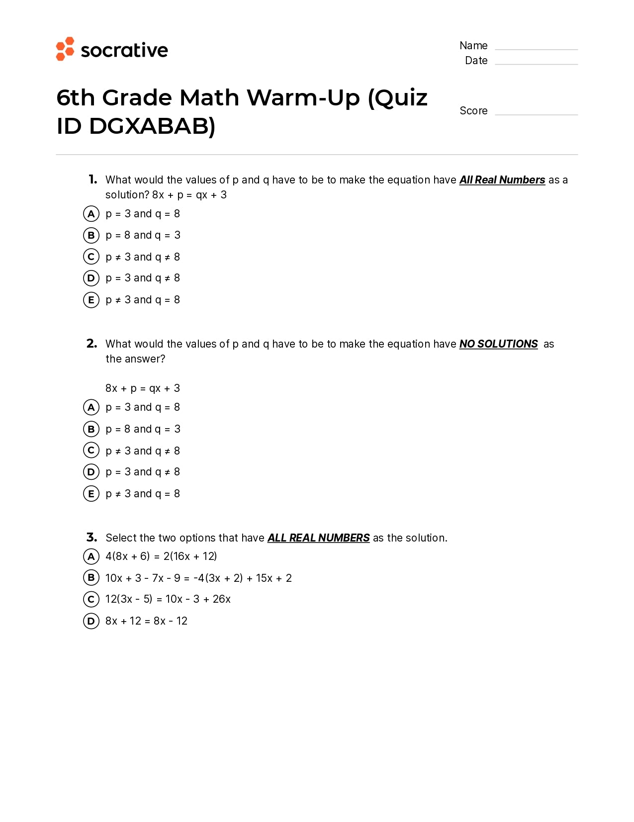 6Th Grade Math Warm-Up