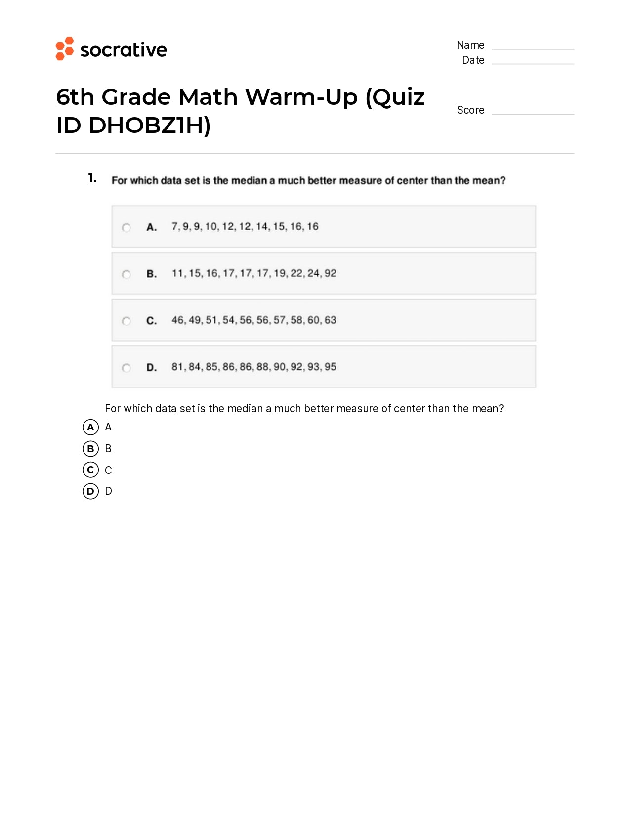 6Th Grade Math Warm-Up