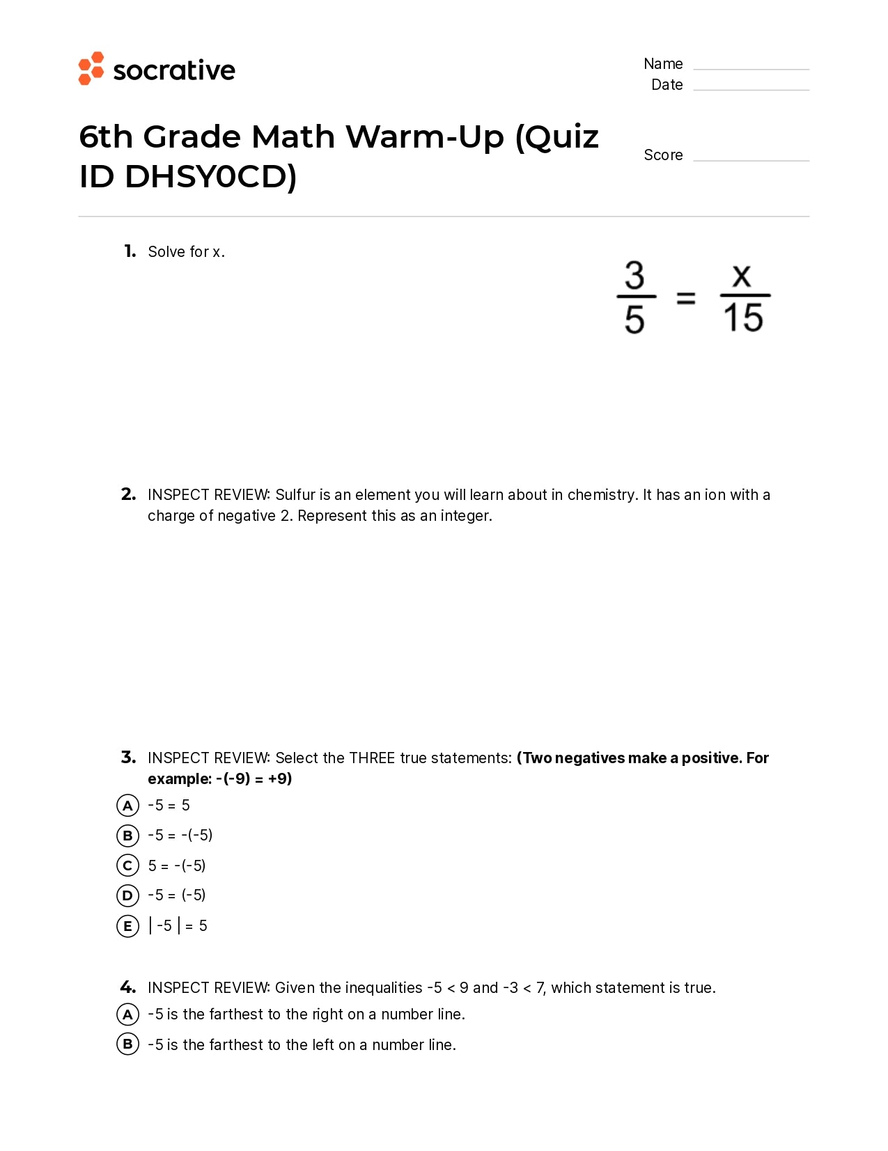 6Th Grade Math Warm-Up