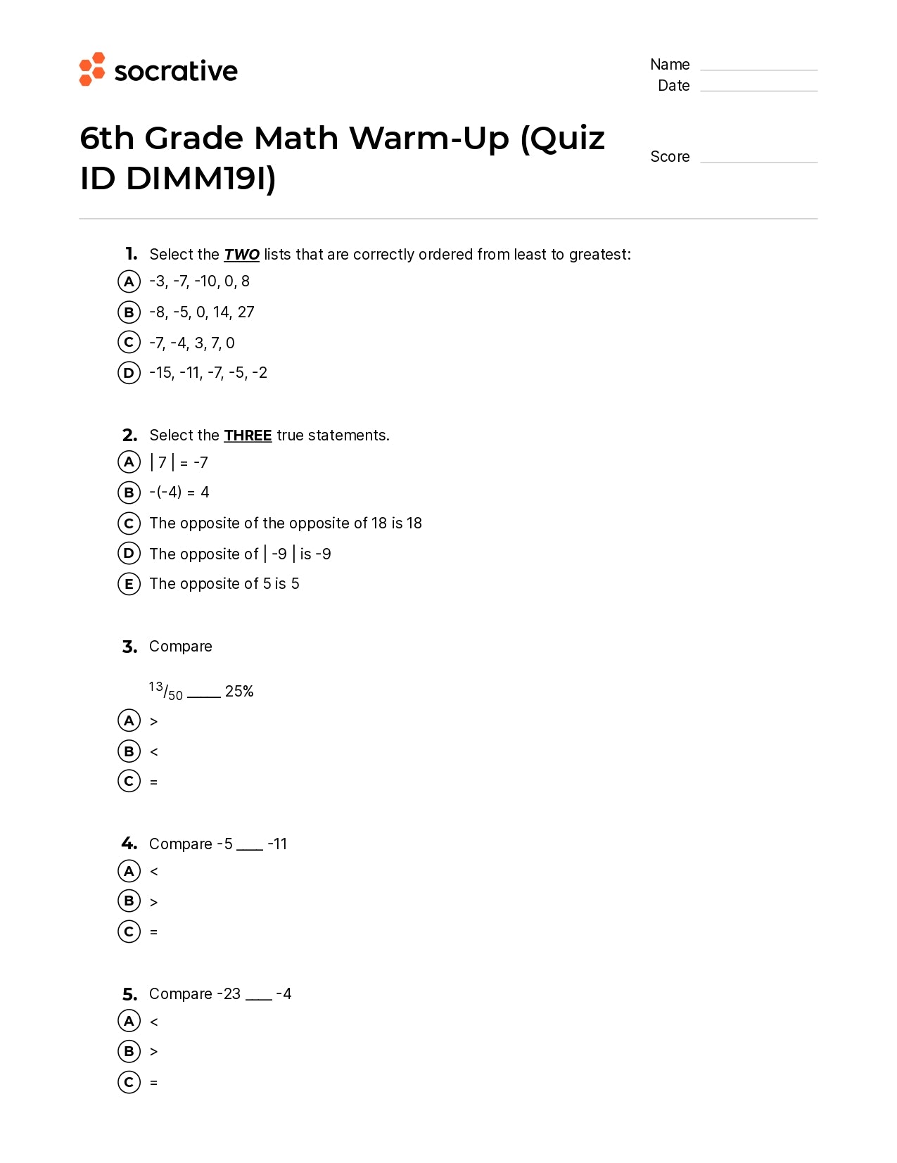 6Th Grade Math Warm-Up