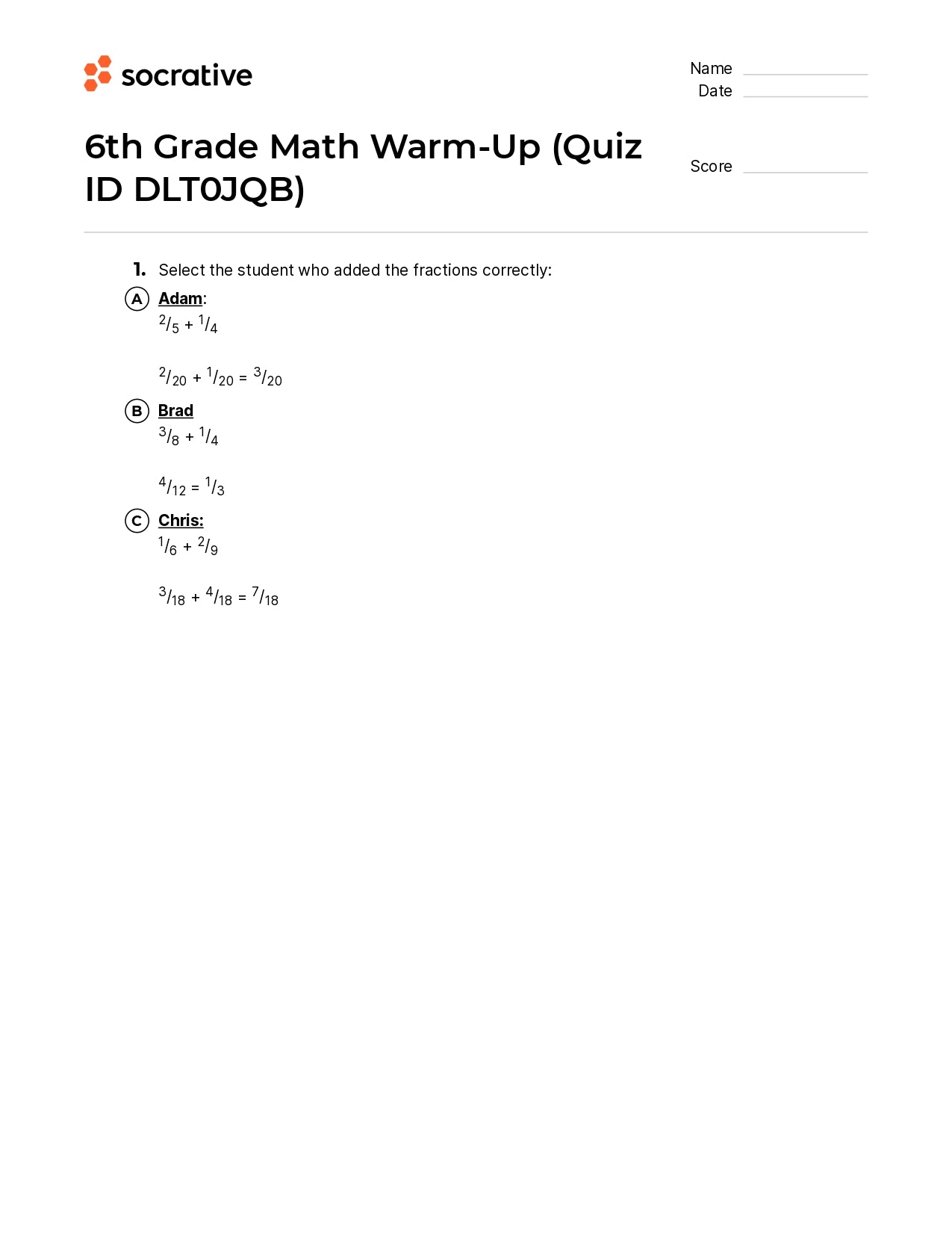 6Th Grade Math Warm-Up