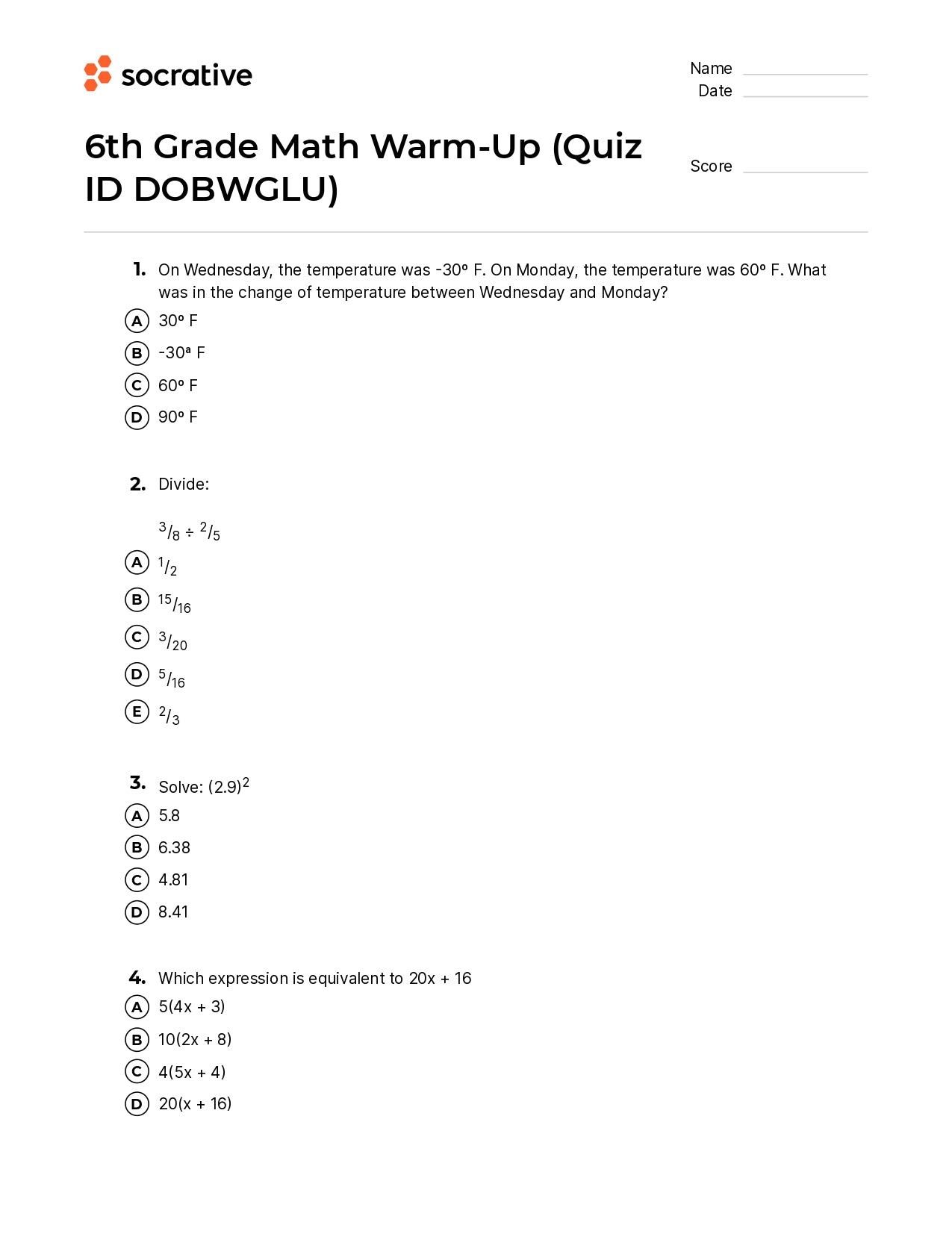 6Th Grade Math Warm-Up