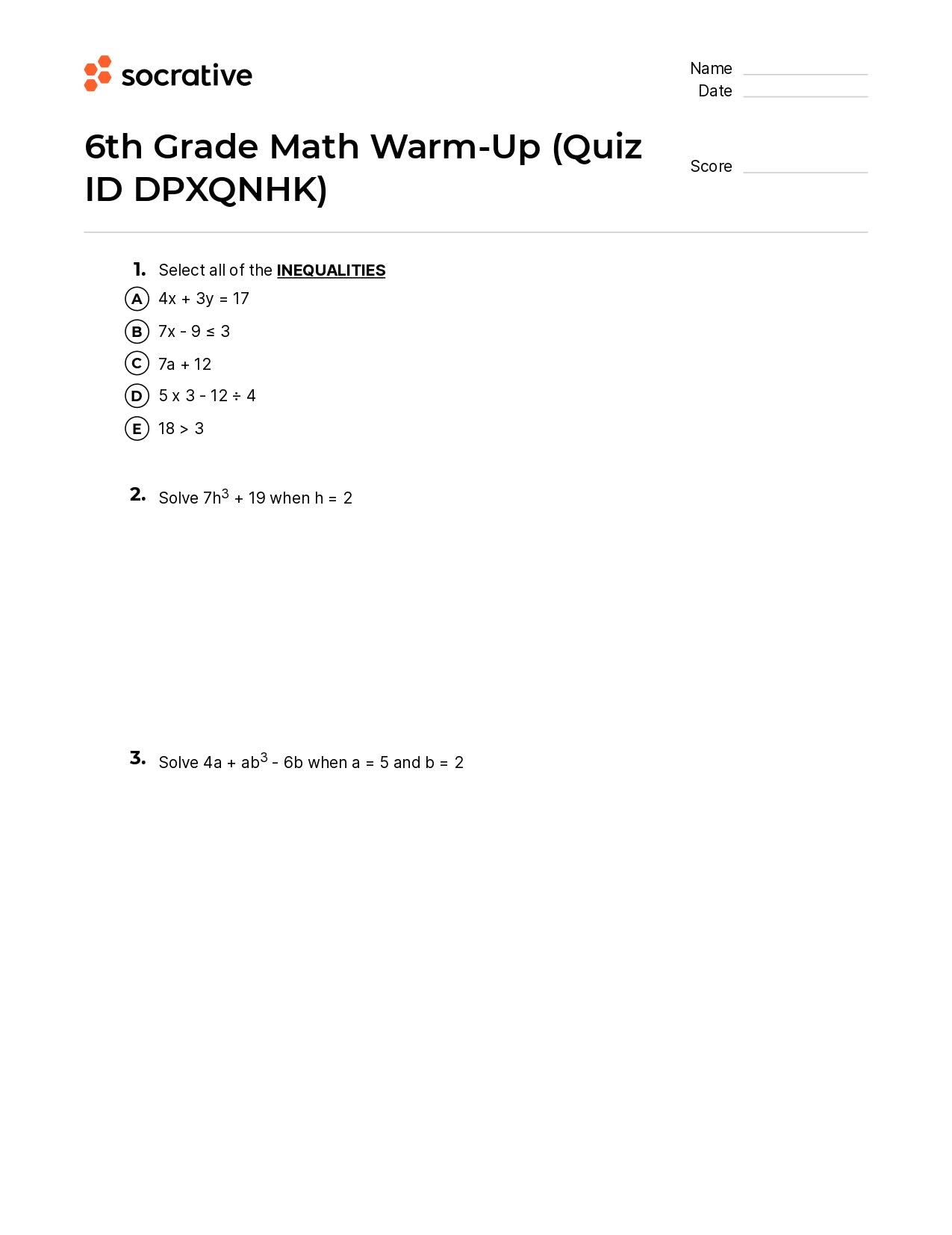 6Th Grade Math Warm-Up
