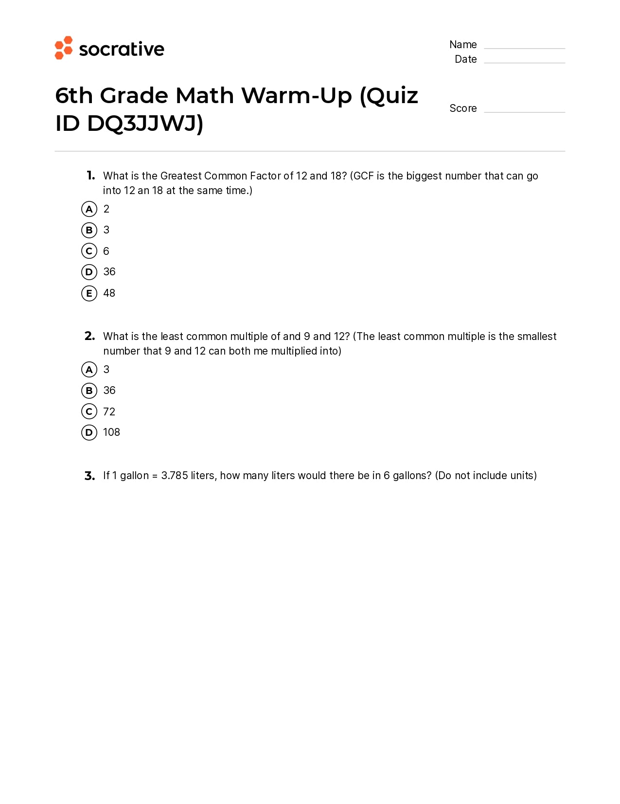 6Th Grade Math Warm-Up