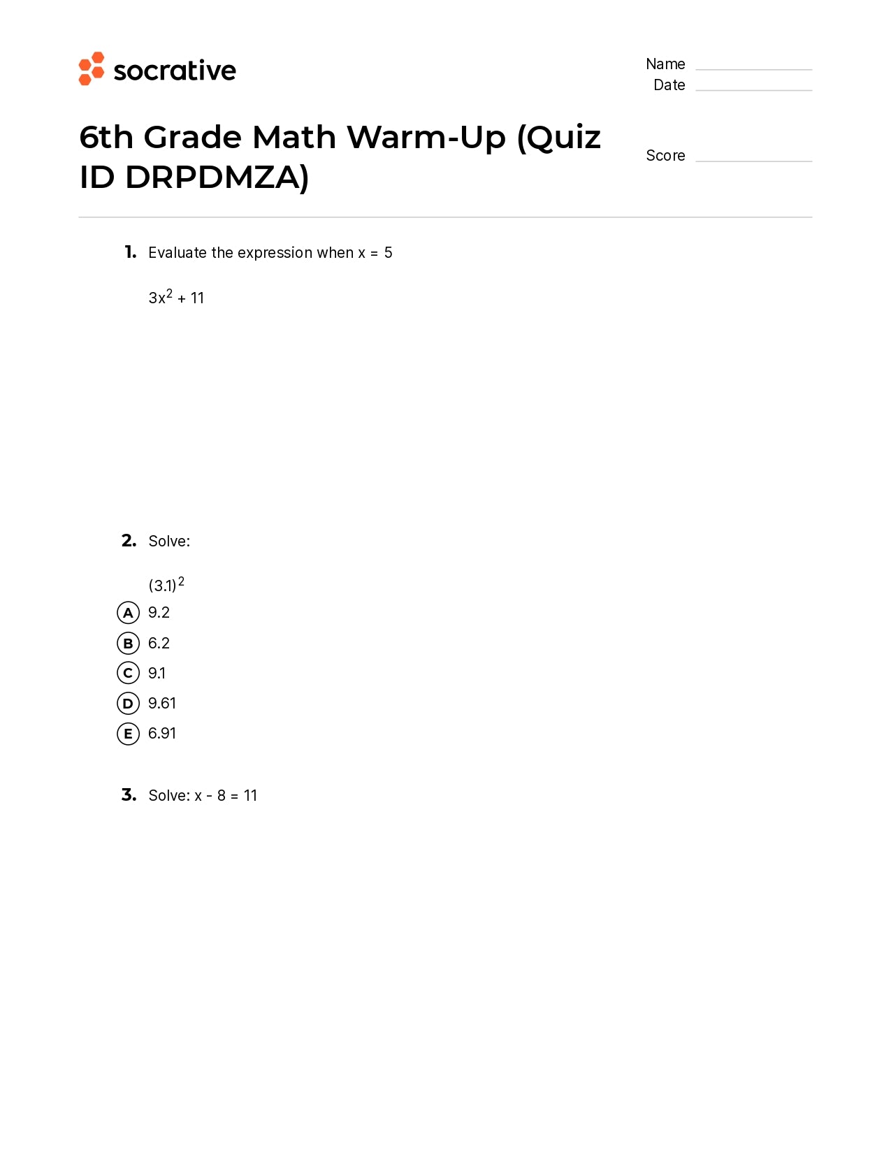 6Th Grade Math Warm-Up