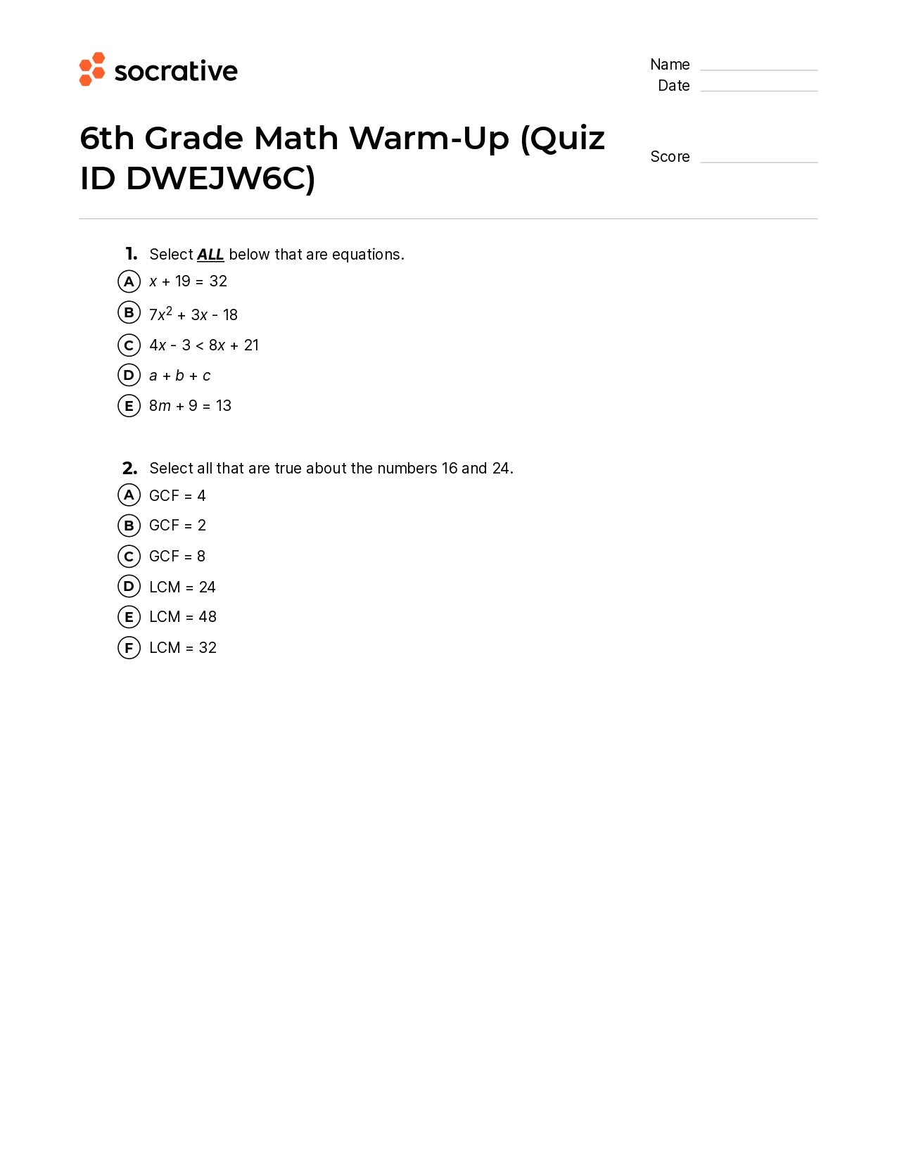 6Th Grade Math Warm-Up