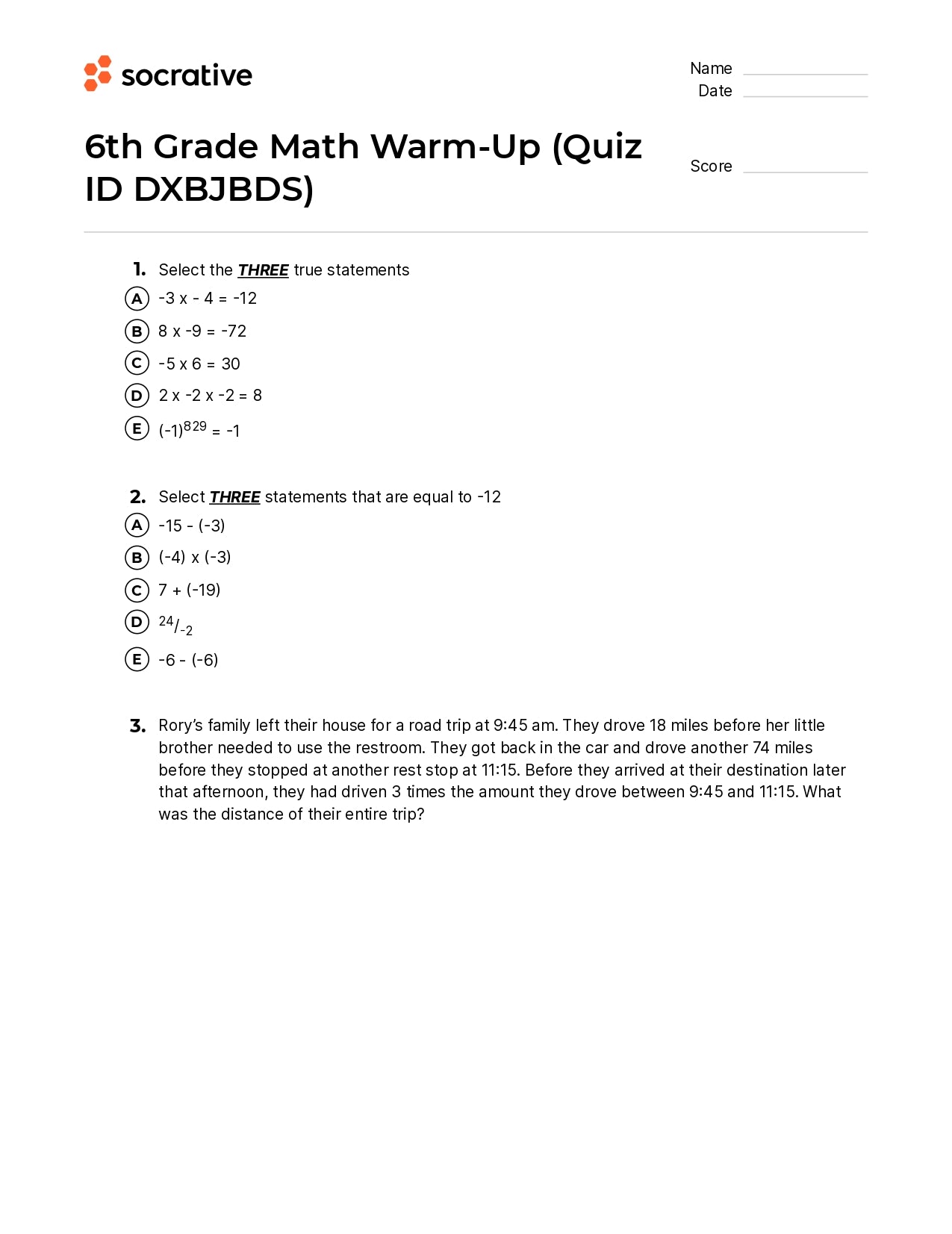 6Th Grade Math Warm-Up