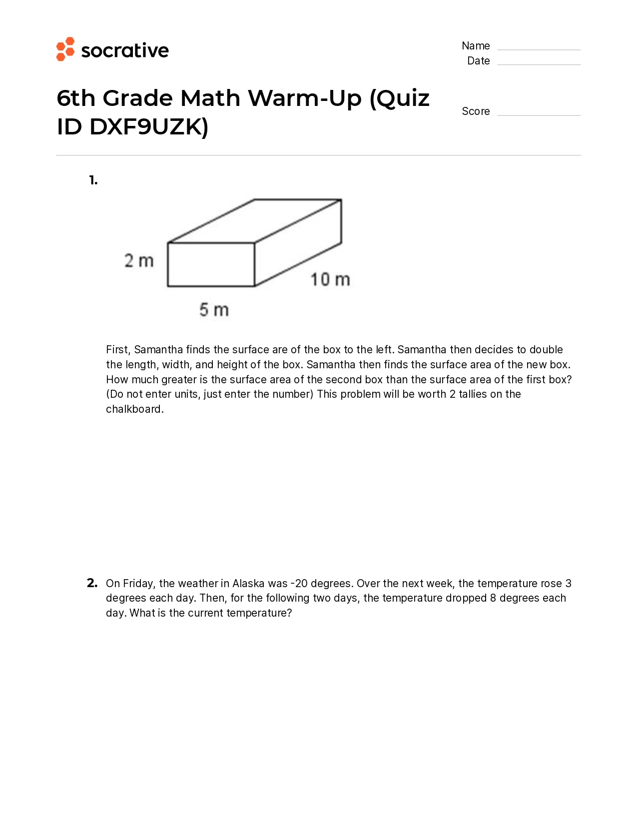 6Th Grade Math Warm-Up