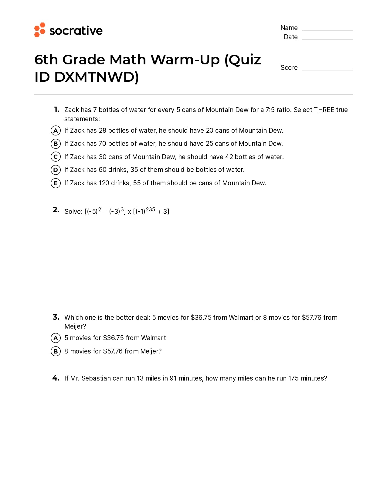 6Th Grade Math Warm-Up