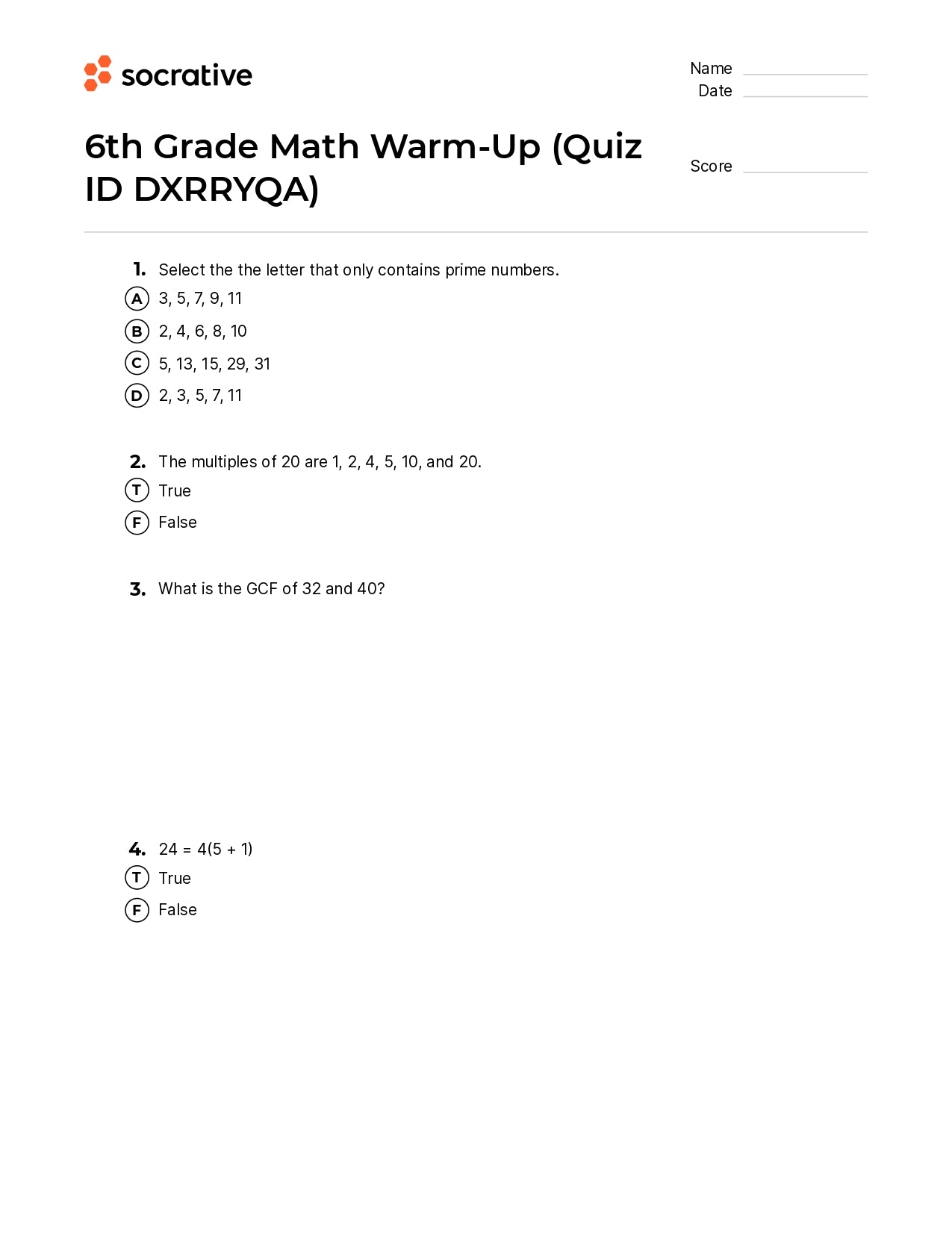 6Th Grade Math Warm-Up
