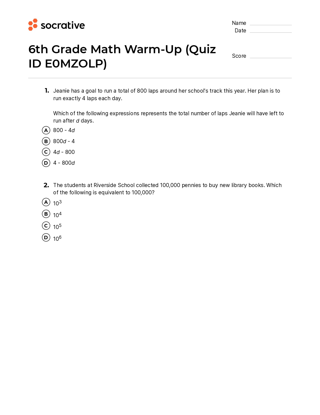 6Th Grade Math Warm-Up