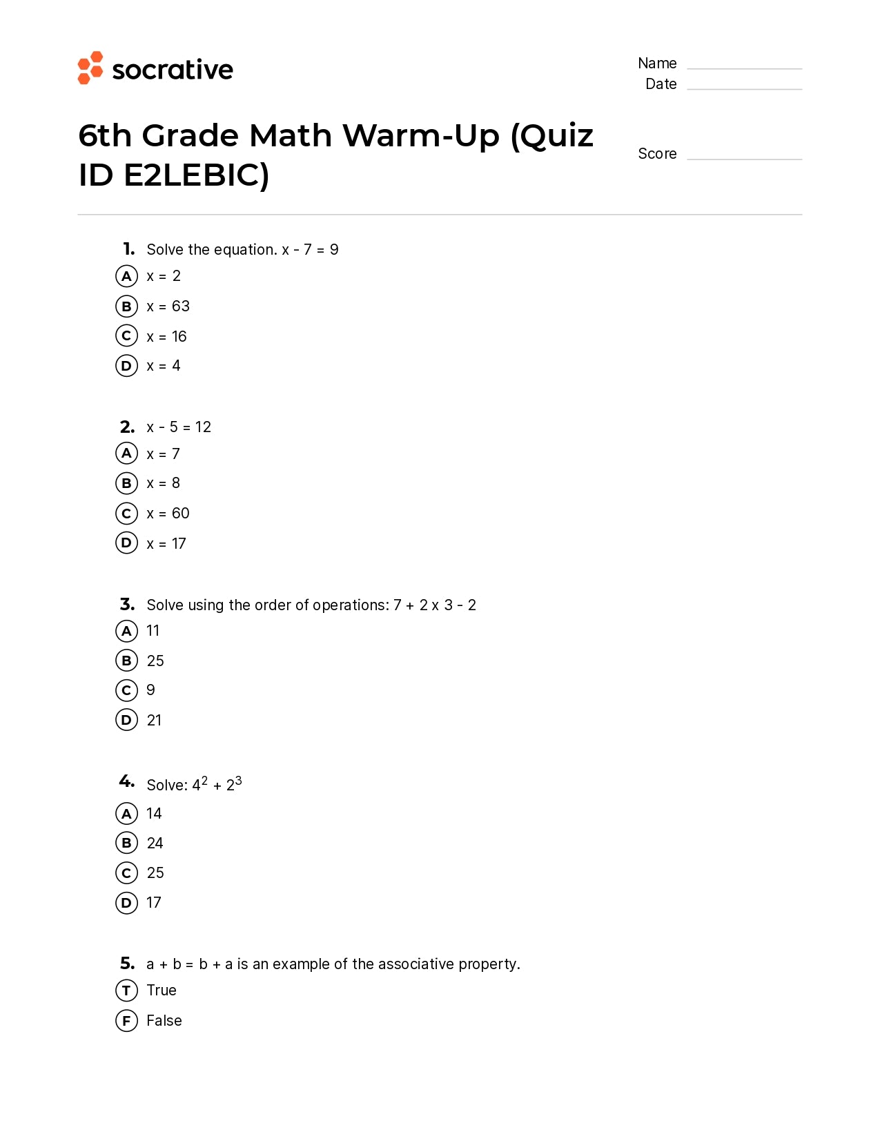 6Th Grade Math Warm-Up