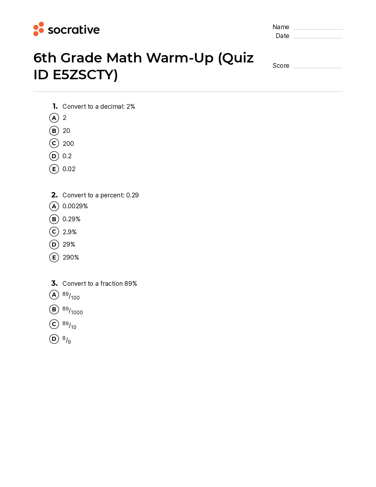 6Th Grade Math Warm-Up