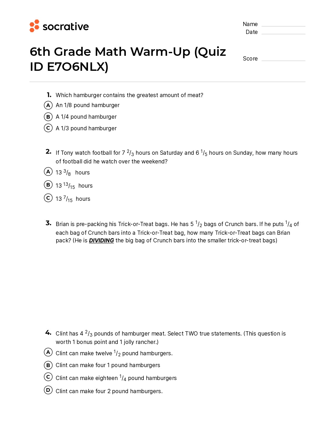 6Th Grade Math Warm-Up