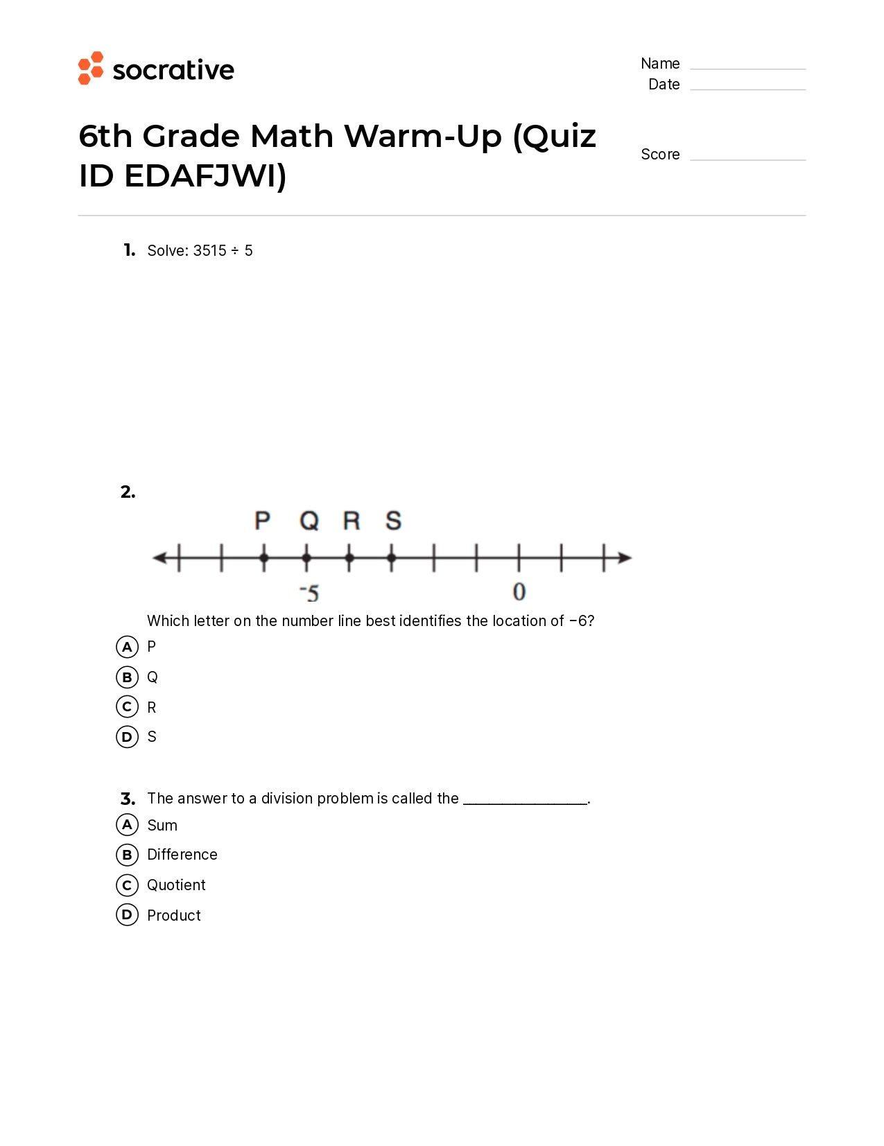 6Th Grade Math Warm-Up