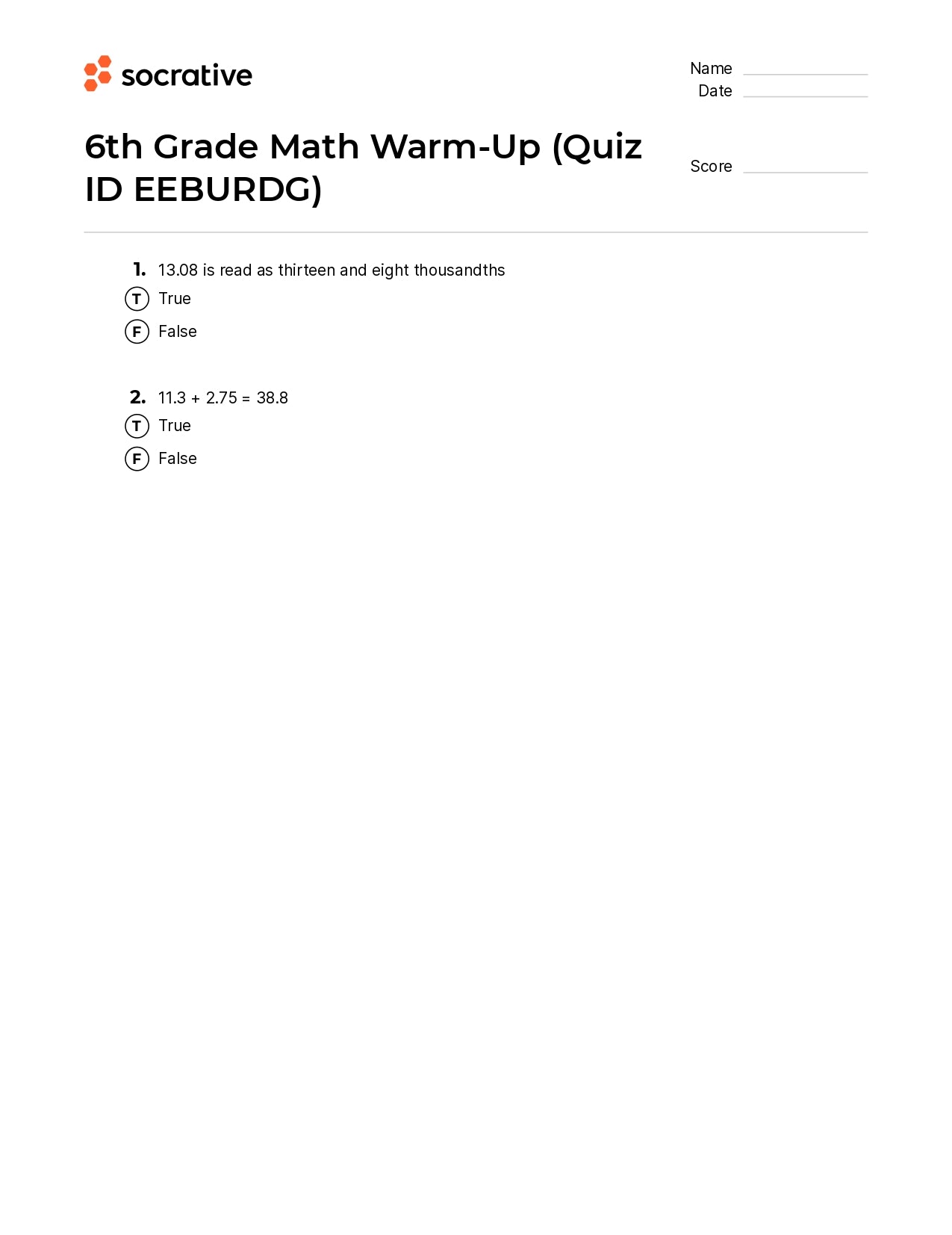 6Th Grade Math Warm-Up