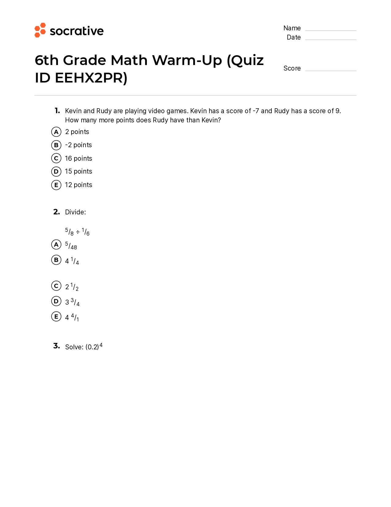 6Th Grade Math Warm-Up