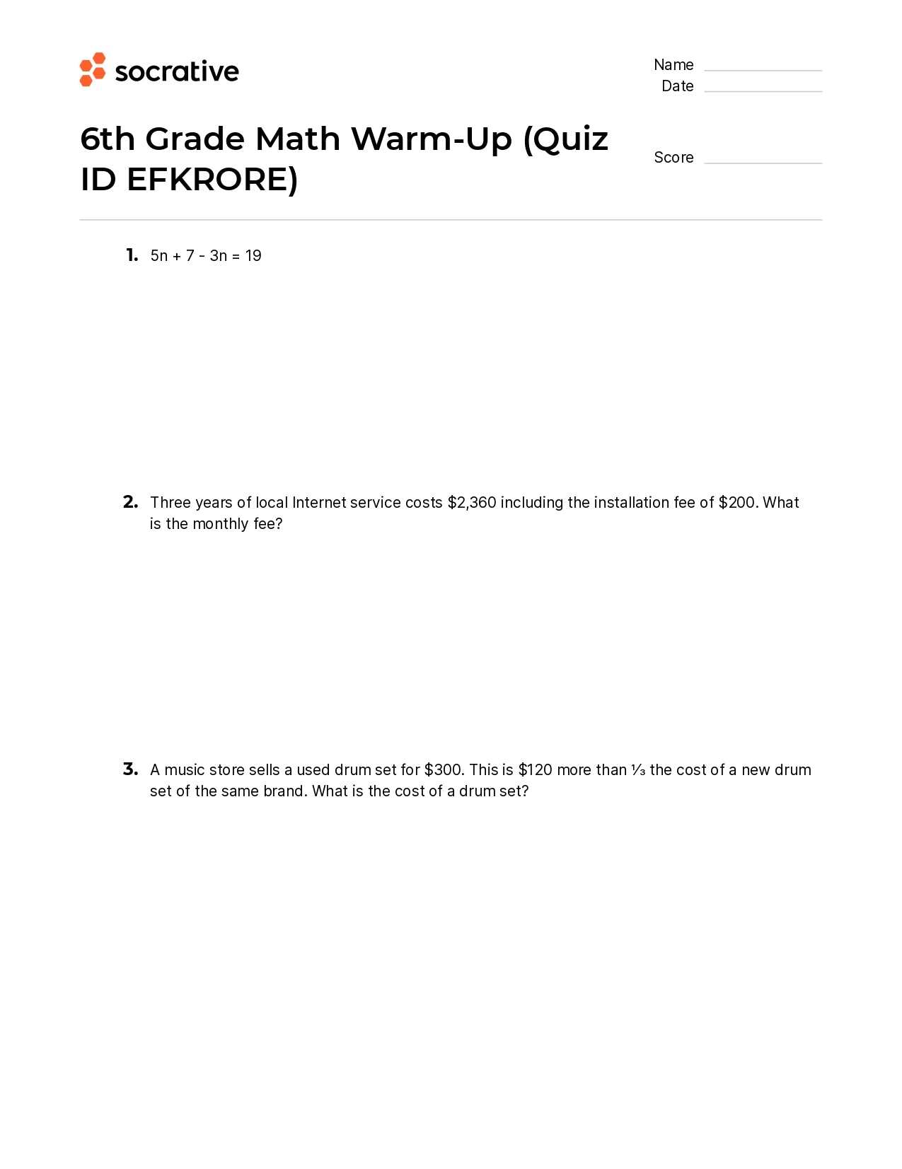 6Th Grade Math Warm-Up