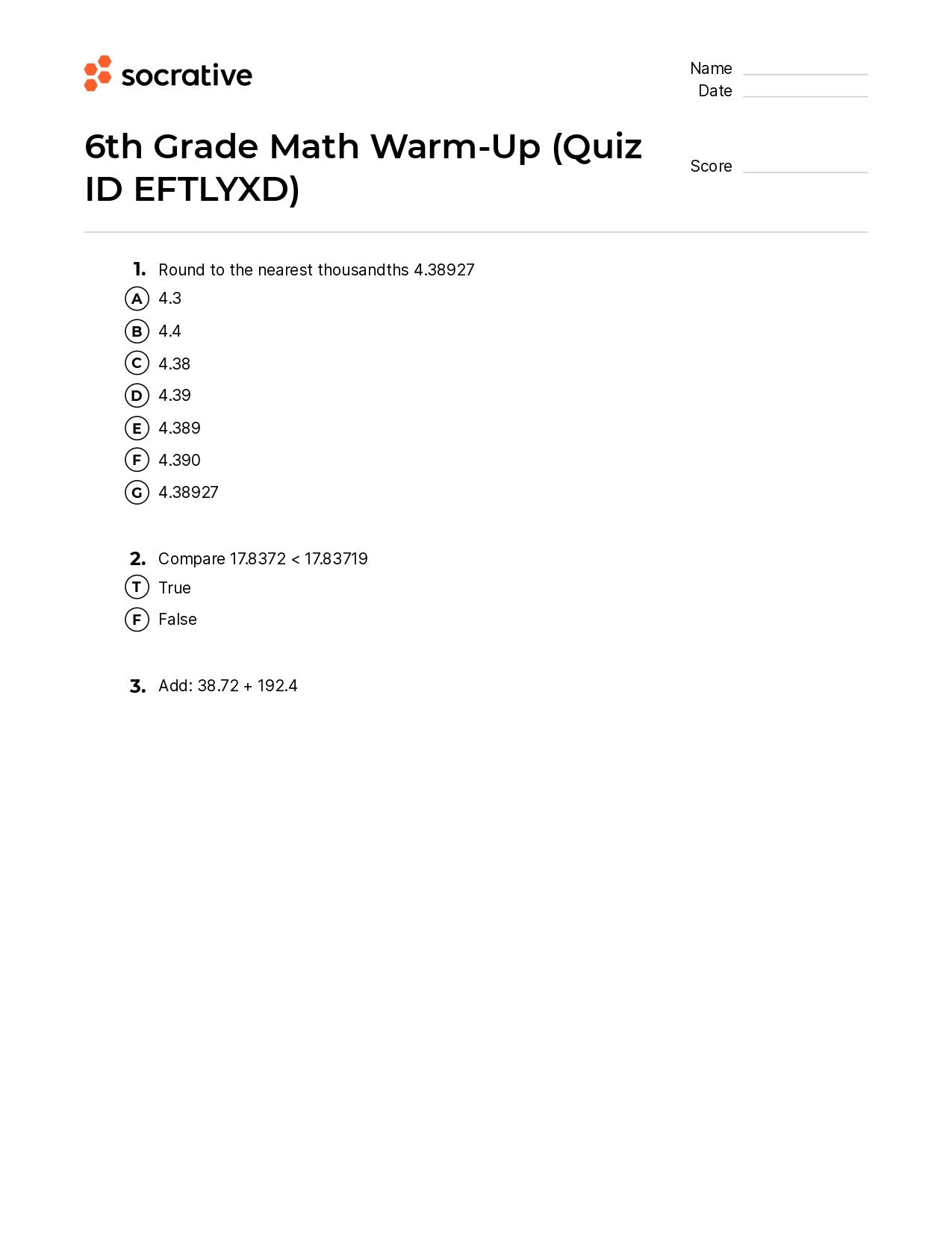 6Th Grade Math Warm-Up