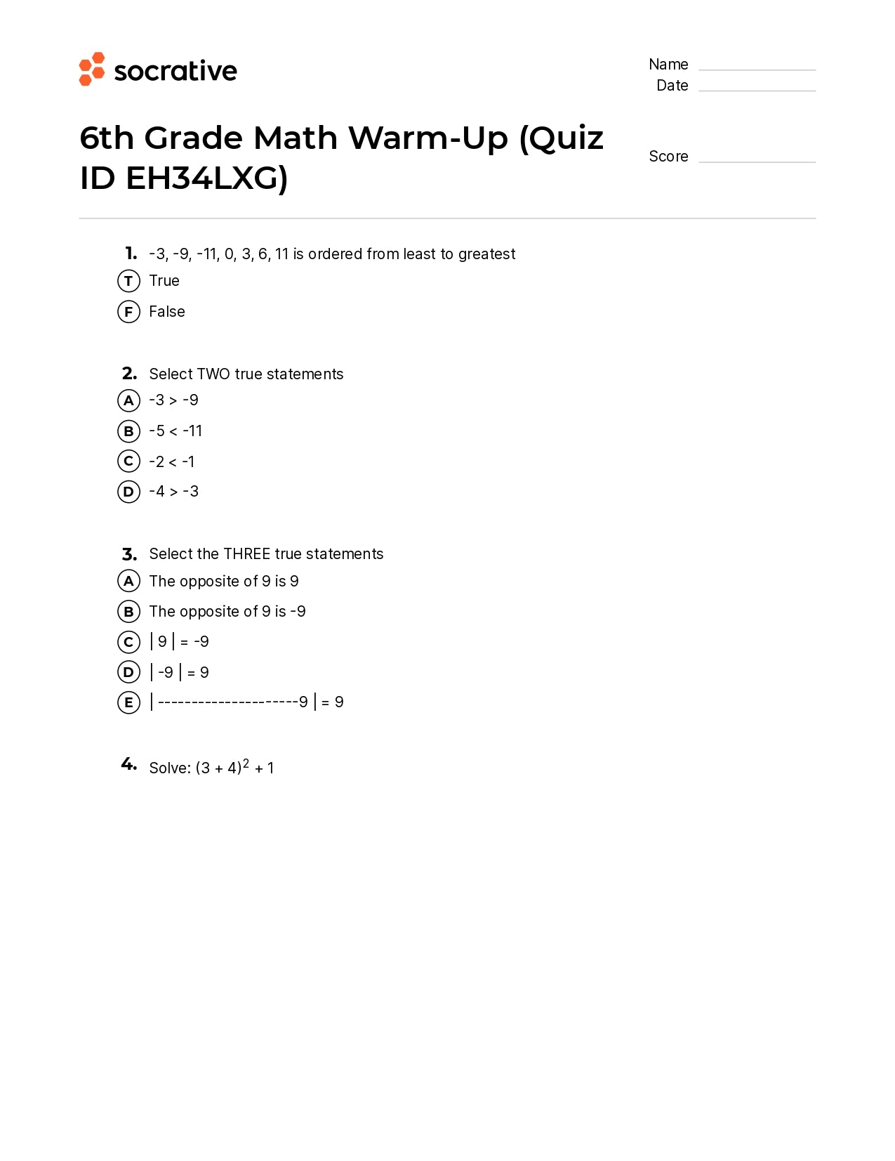 6Th Grade Math Warm-Up