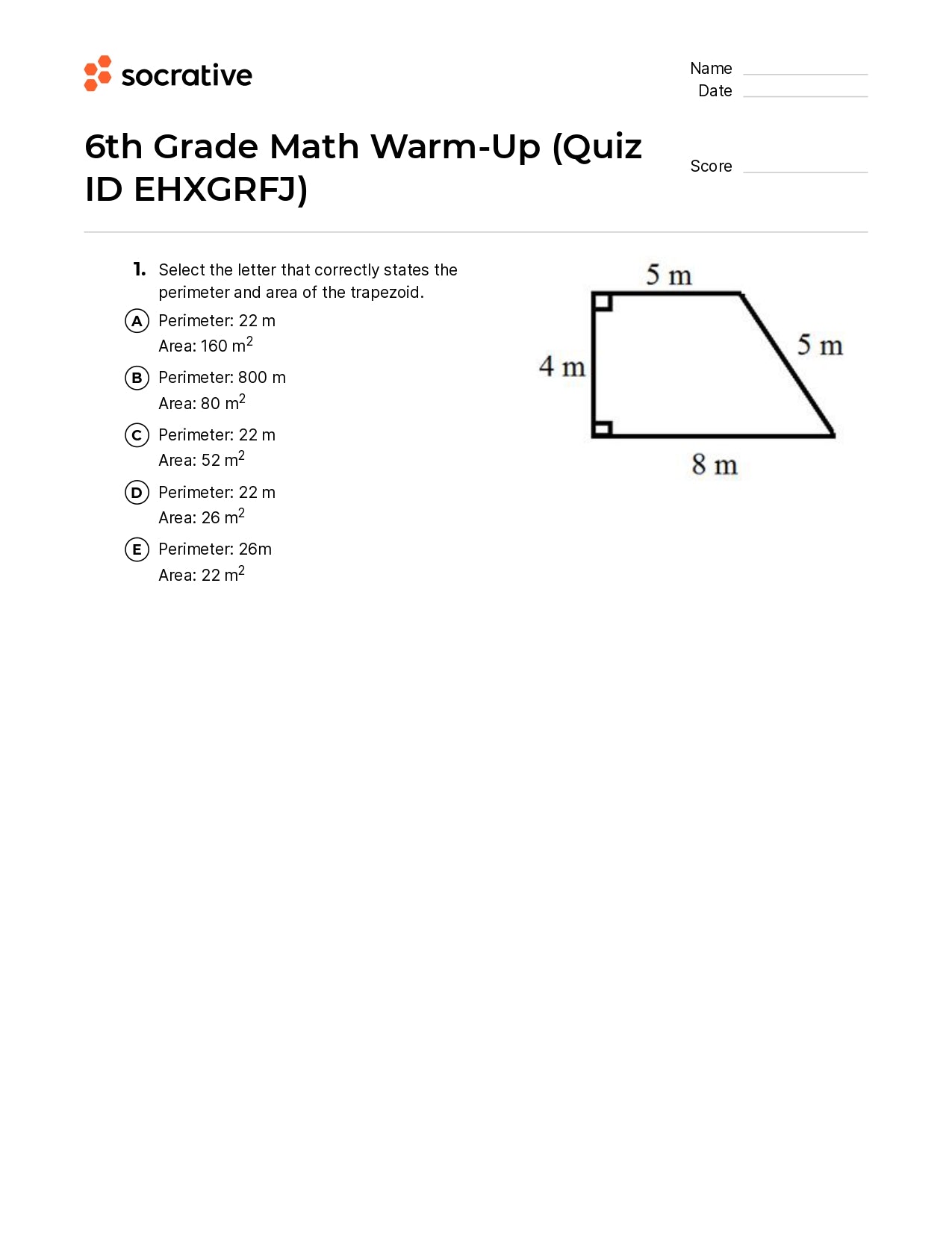 6Th Grade Math Warm-Up