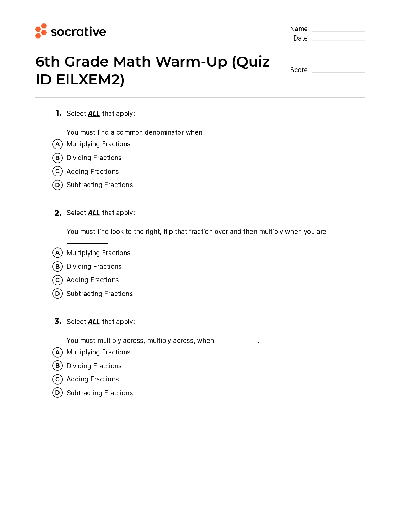 6Th Grade Math Warm-Up
