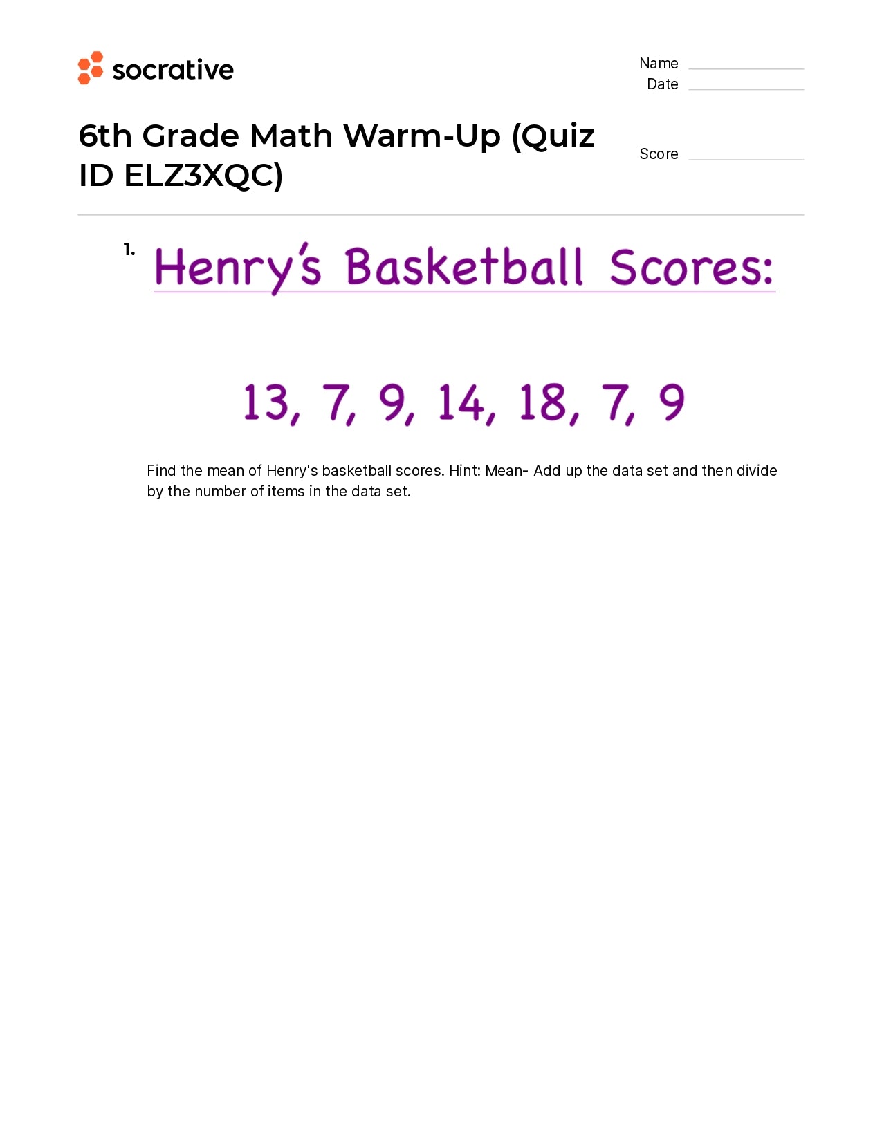 6Th Grade Math Warm-Up