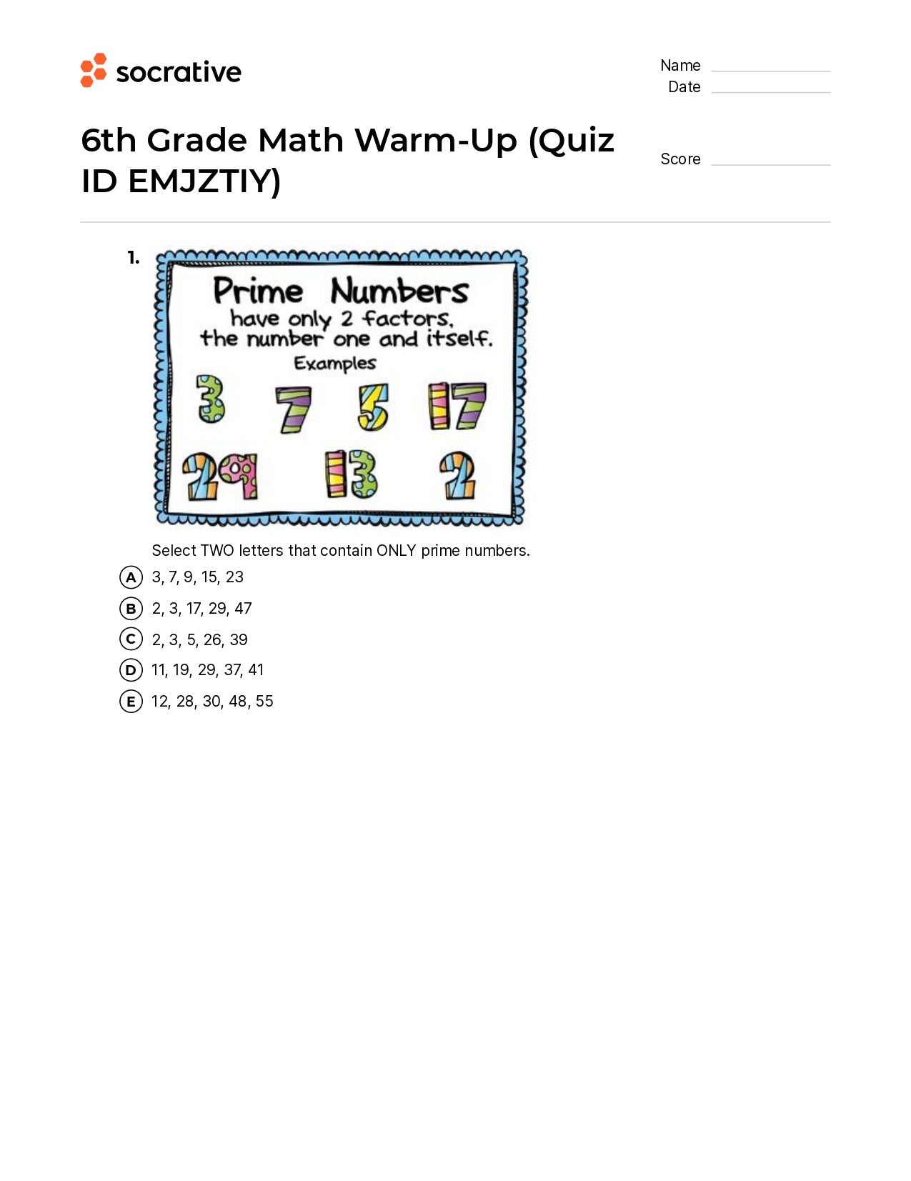 6Th Grade Math Warm-Up