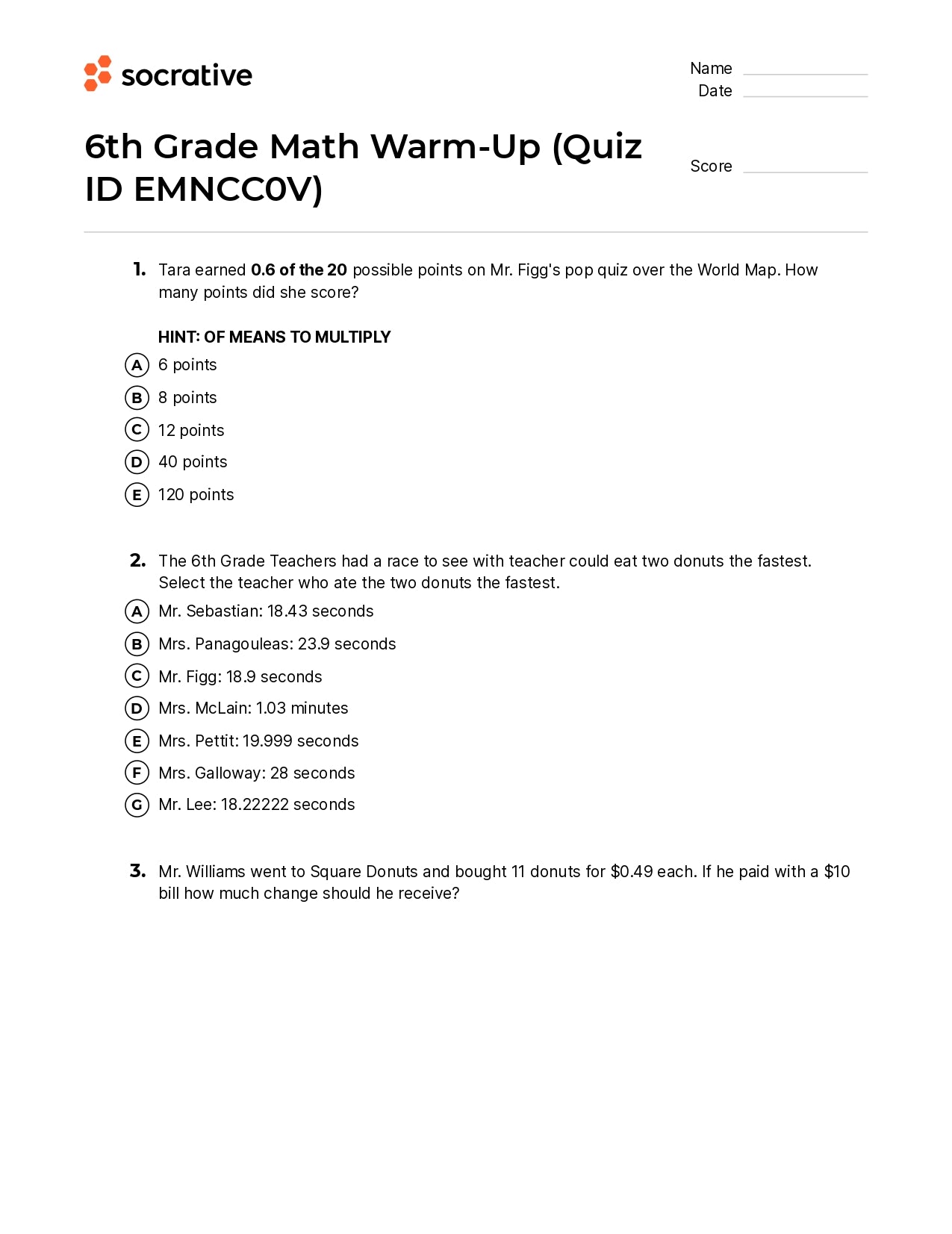 6Th Grade Math Warm-Up